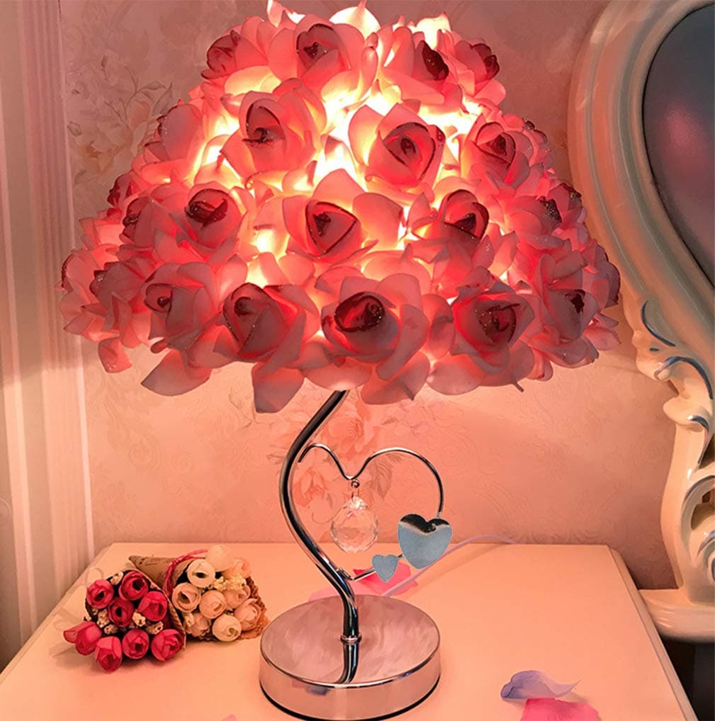 RUIDA Table Lamp, Rose Shade Desk Lamps For Bedroom Lamps, Crystal Bedsidae Reading Lamps (Heart-shaped Valentine's Day Gift Wedding Deco Lamp) G14 2700k 500Lm 6W E26 Led Bulb Plug Power No USB (Pink)
