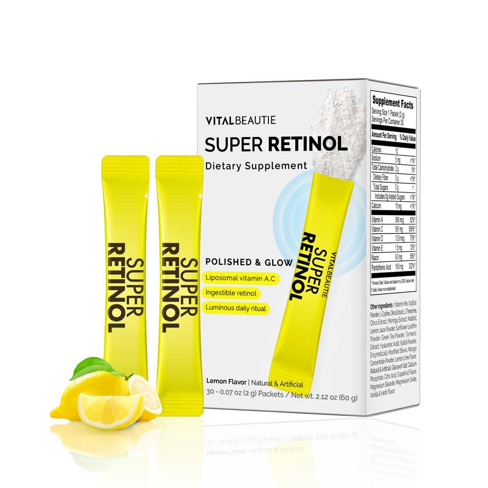 VITALBEAUTIE Super Retinol - Ingestible Liposomal Retinol & Vitamin C 1000mg Powder - Vegan K-Beauty Skin Supplement for Radiant Glass Skin & Tone, Dark Spot Care, 30 Packets