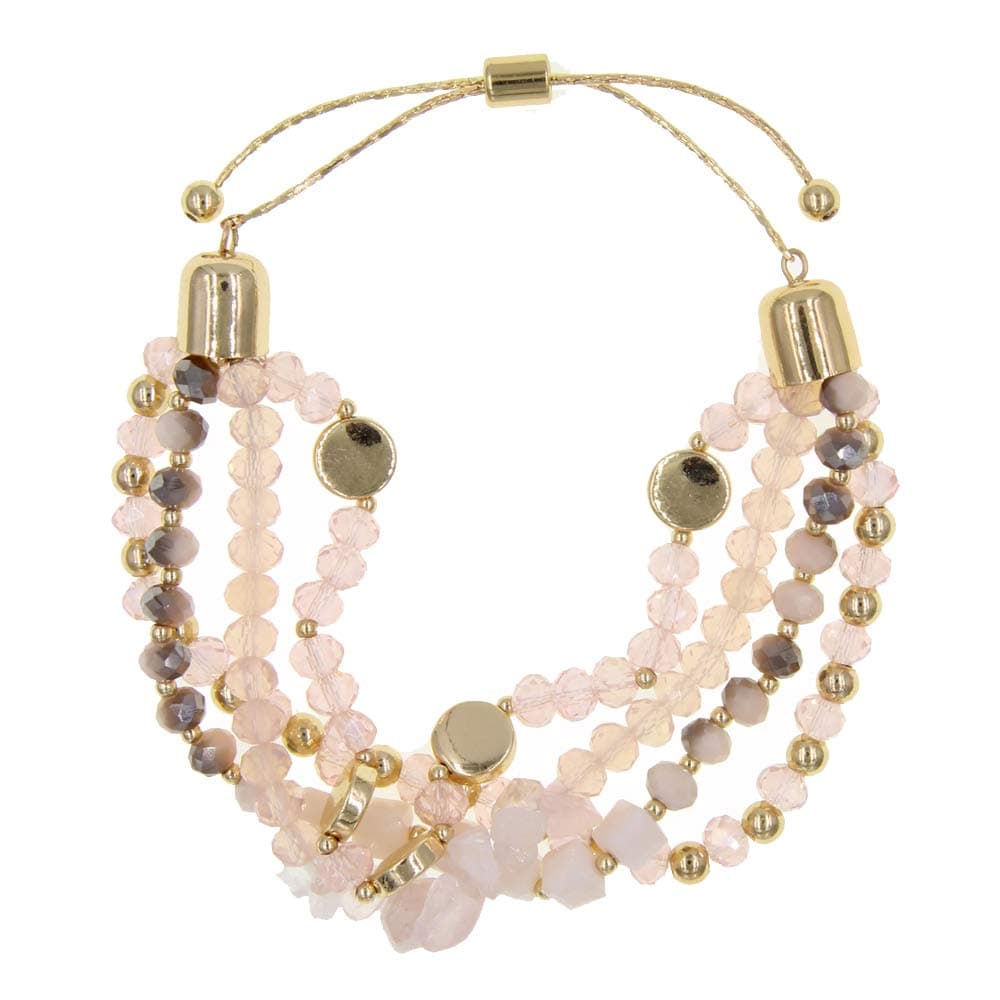 Adjustable Glass Stone Multistrand Layered Bracelet, Semiprecious Stone Beaded Bracelet Set Pink