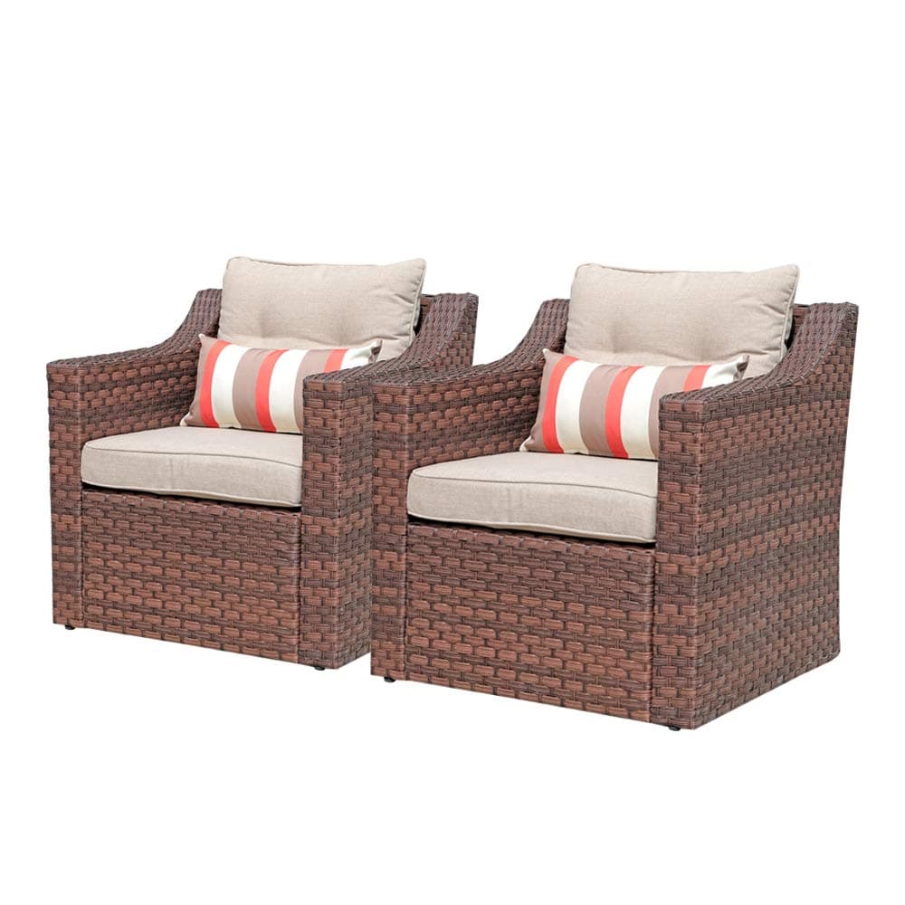 SUNSITT Patio Outdoor Furniture 2-Piece Brown Wicker Single Club Chairs w/Beige Olefin Cushions & Striped Throw Pillow