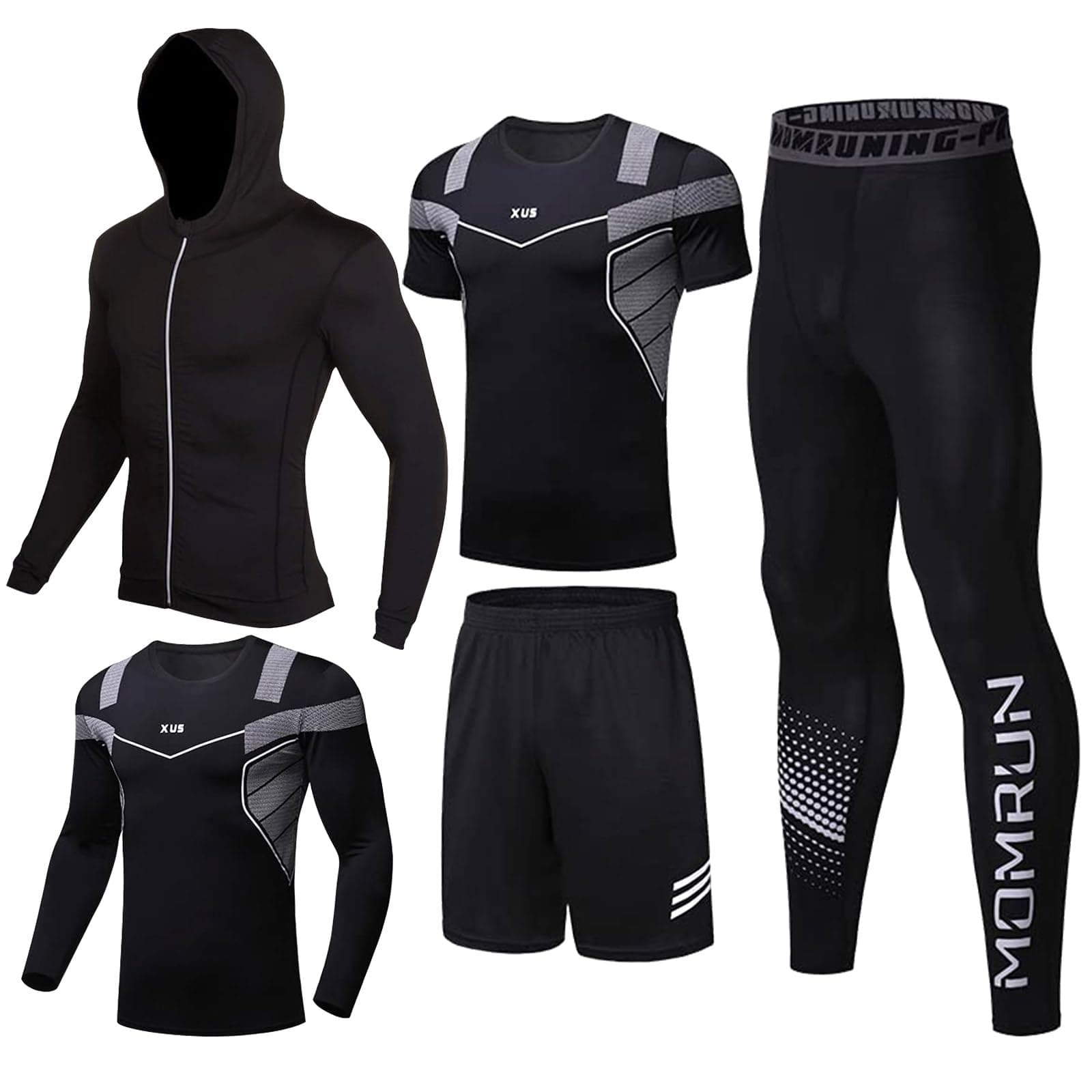 Men's Activewear Tracksuit, Running Shirt, Sweat Suit, Sportswear, Sweat Suit, Compression Trousers, Fitness Gym Set, Pack of 5