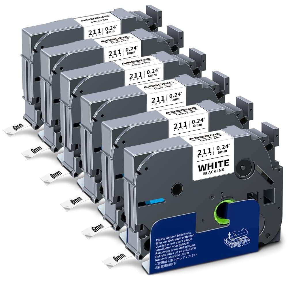 Absonic6-Pack Tze211 Tz 6mm 0.23" Laminated White Tape Compatible for Brother Tze-211 Tz-211 Tz211 P Touch Label Tape Tze 6mm 1/4" Black on White for PTH110 PTD202 PTD220 PTD210 PTD400 PTD600 PTD410