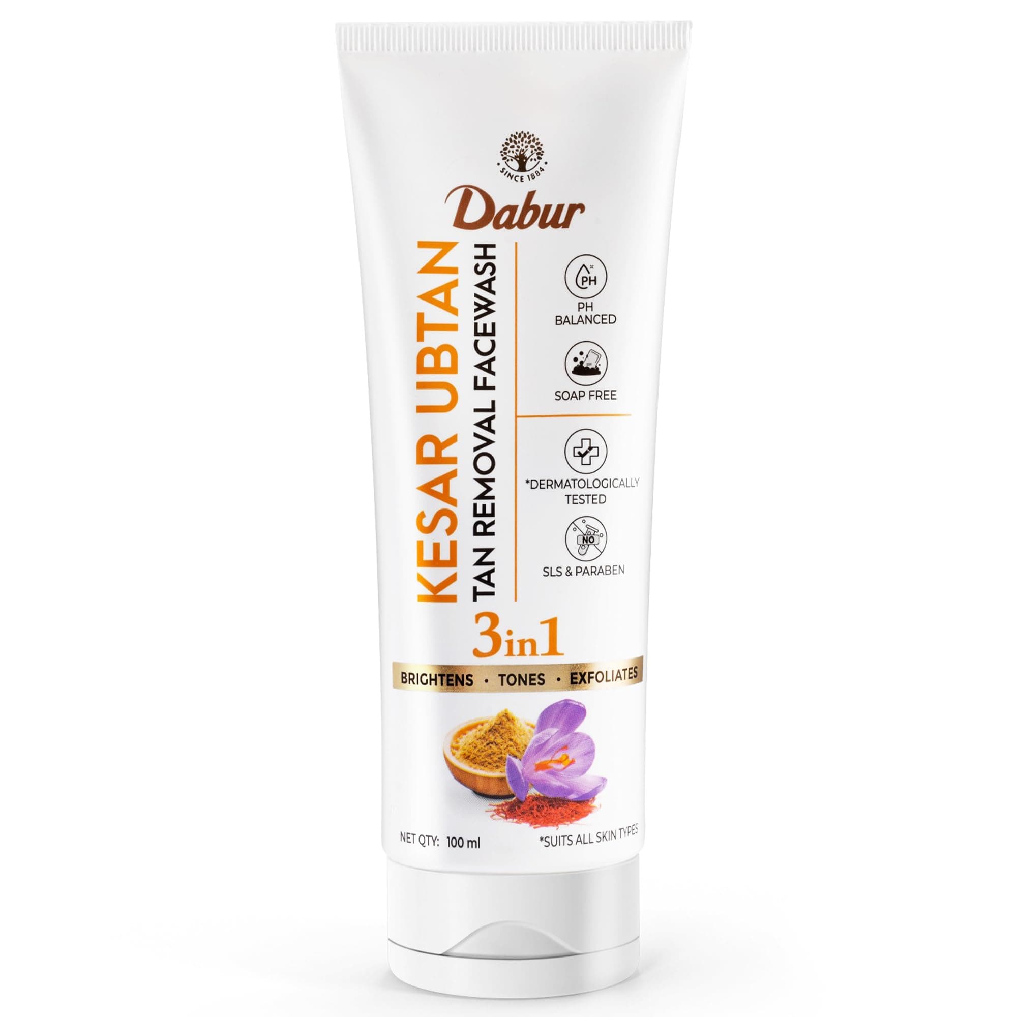 DABUR Kesar Ubtan Face Wash-100ml | Enriched with Natural Turmeric, Niacinamide & Saffron to Brighten, Tone and gently Exfoliate Skin | For Removing Tan, Dark Spots, Dirt & Impurities
