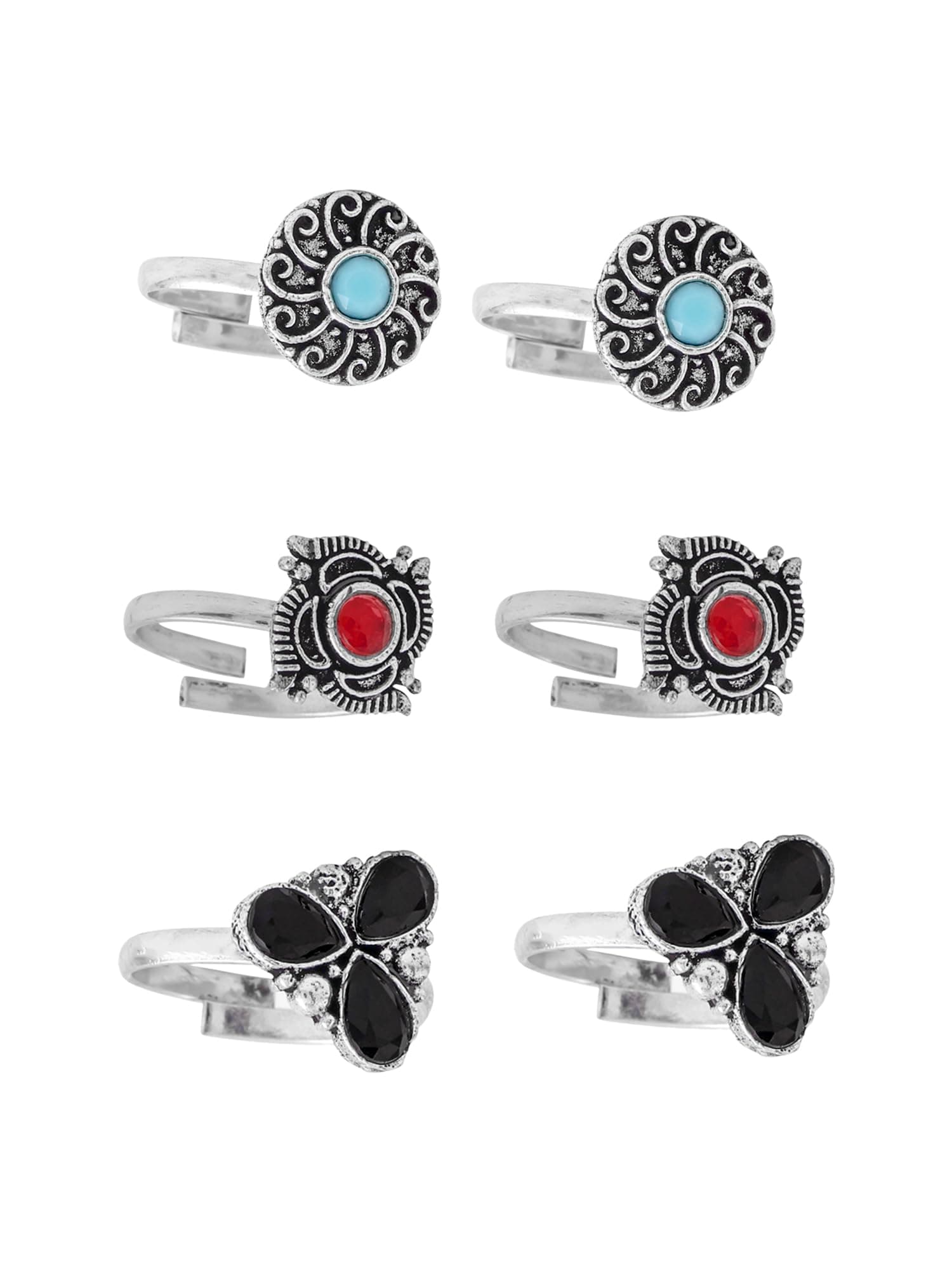 Silver Oxidized German Silver Brass Designer Toe Ring For Women And Girls (3 Pair Combo)