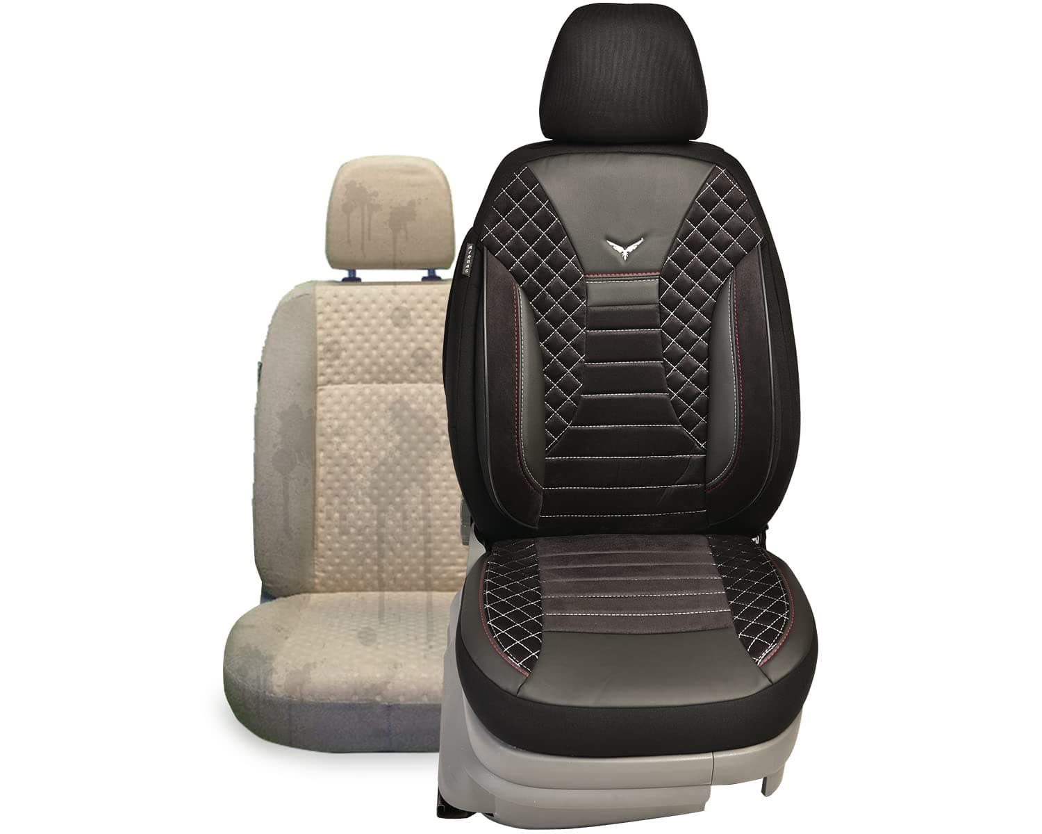 BREMER SITZBEZÜGE Dimensions car seat covers compatible with Ford Mustang Mach-E driver and passenger set from 2020 / car seat cover velour faux leather set of 2 in black/white stitching