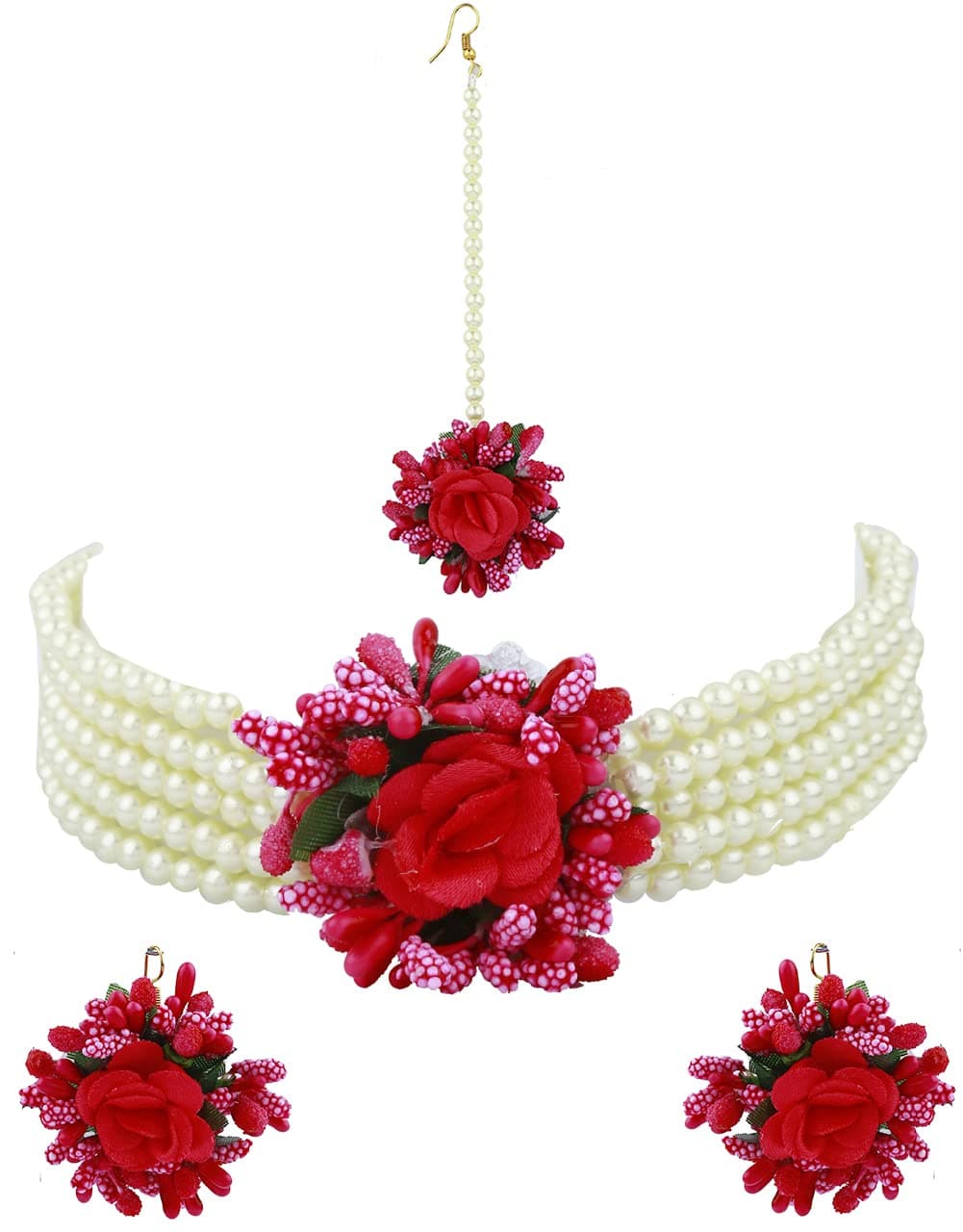 Anuradha Art Flower Choker Necklace Set| Pearls Beads Necklace Earrings With Maang Tikka| Baby Shower,Pre-Wedding,Mehndi,Haldi, Godbhari Jewellery Set