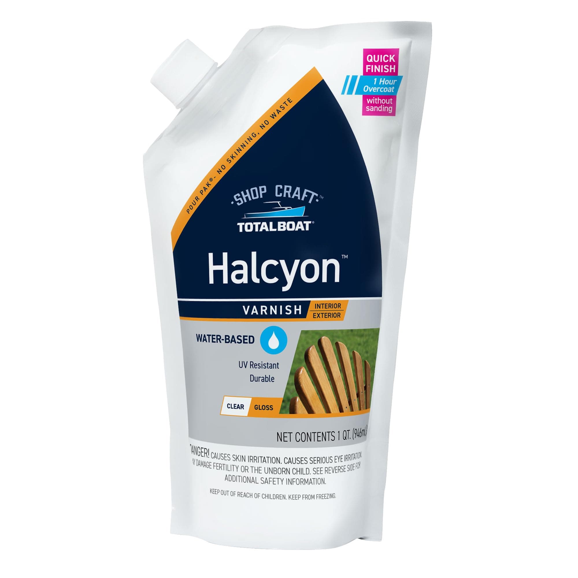 TotalBoat Halcyon Water-Based Marine Varnish | Fast-Drying Polyurethane Wood Finish for Boats, Outdoor Furniture, and Woodworking | Clear Gloss, Quart