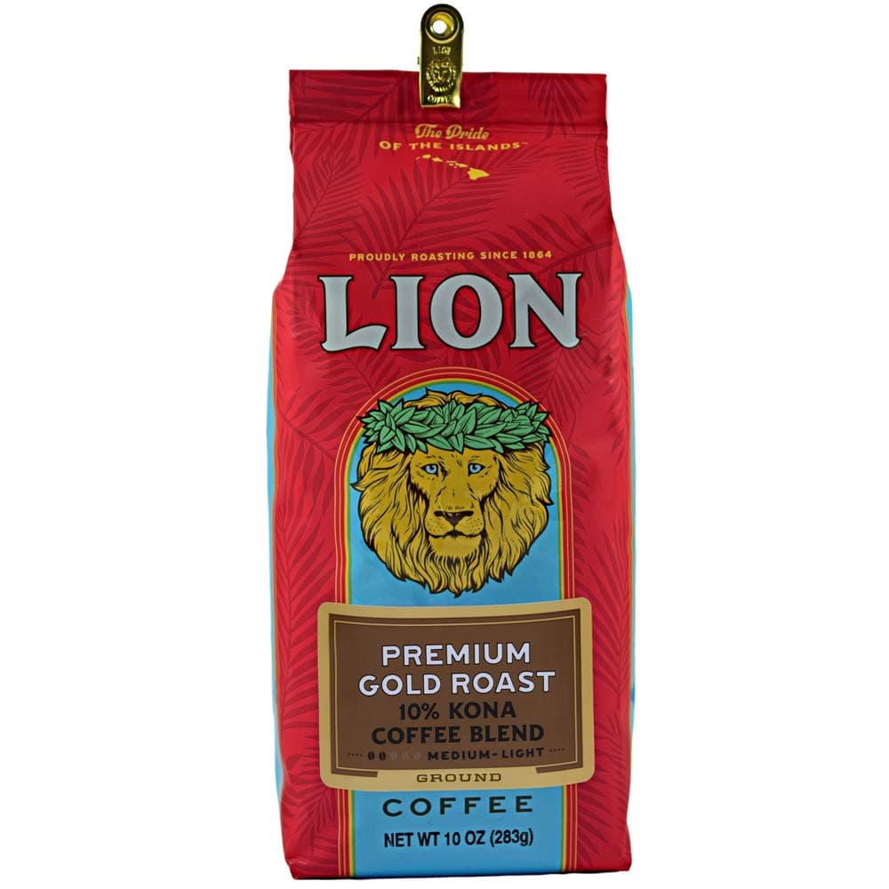 Lion Coffee Premium Gold Roast Ground Coffee, 10% Kona Blend, Medium-Light Roast, A Taste of Aloha - 7 Ounce Bag