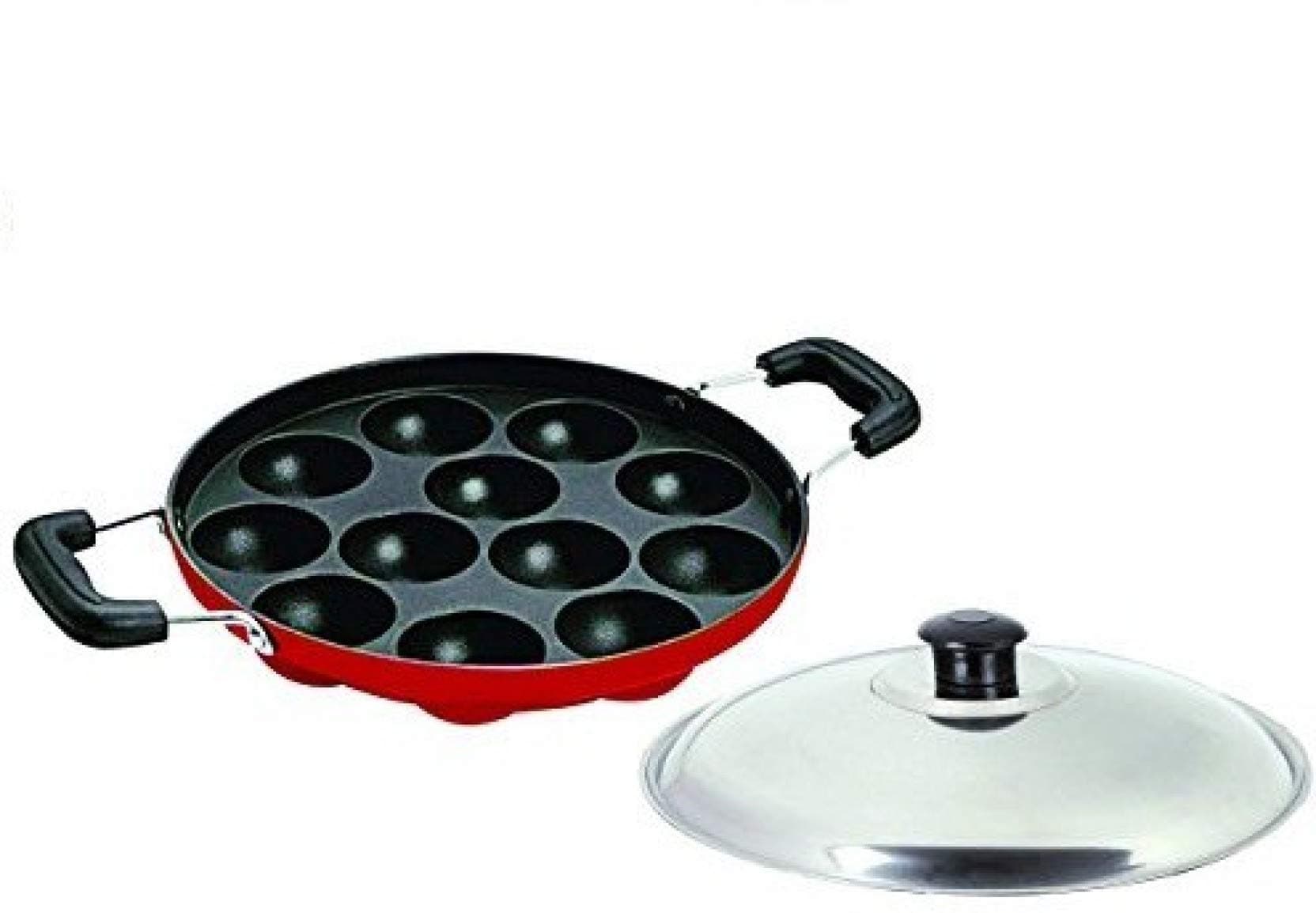 CREW4 Aluminium and Non-Stick Appam Patra Red Hot Paddu/Ponganal Maker Pan, 22 cm Diameter with Lid