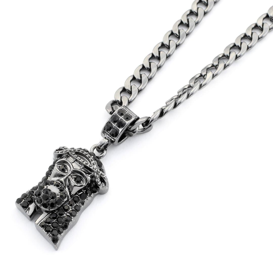 Bling Hip Hop Black Rhodium plated Jesus face pendant with a Cuban chain