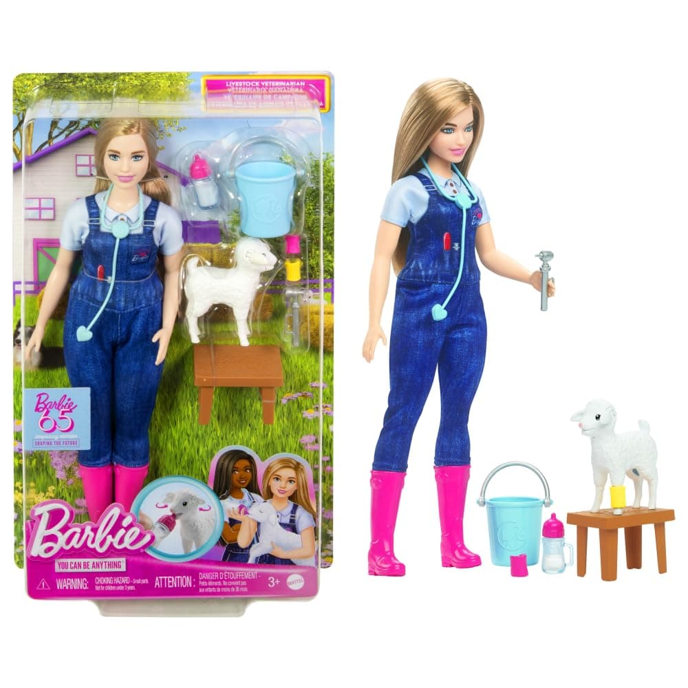 65th Anniversary Doll & 10 Accessories, Farm Veterinarian Set with Blonde Vet Doll, Lamb with Moving Ears & More