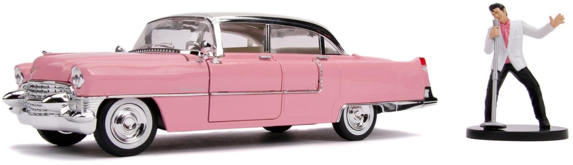1955 Cadillac Fleetwood Series 60 Pink with Elvis Presley Diecast Figurine 1/24 Diecast Model Car by Jada 31007