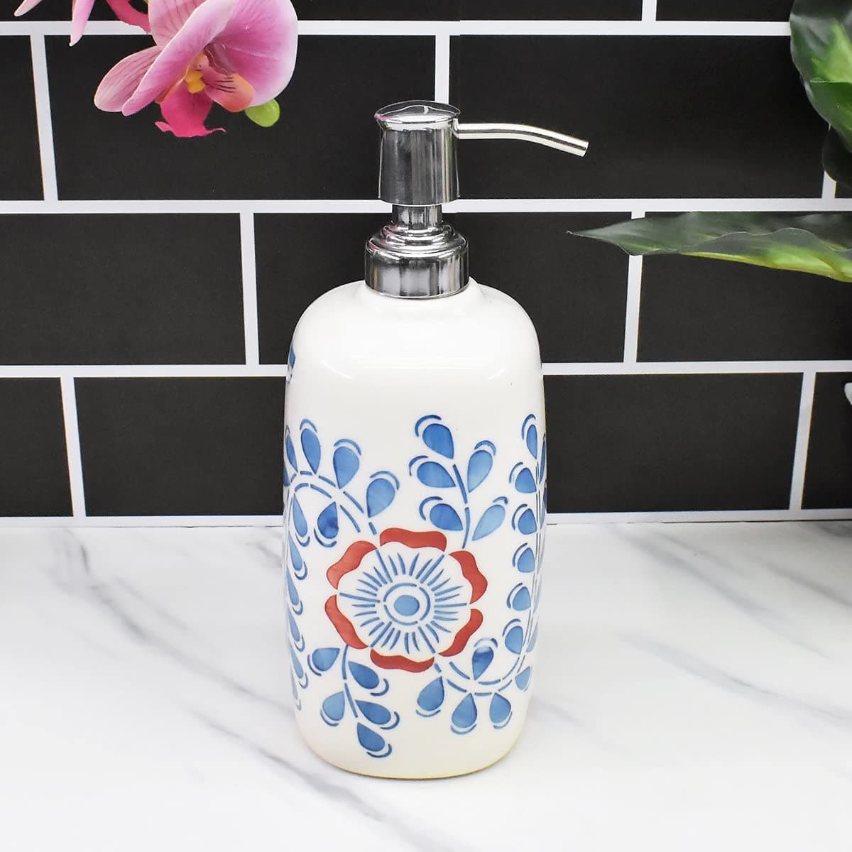 Kookee Ceramic Hand Painted Soap Dispenser Pump for Bathroom and Kitchen for Home, Hotel, Restaurant, Office Used to Refill Liquid Soap, Bath Gel, Lotion, Shampoo, Conditioner, Bodywash (9710)