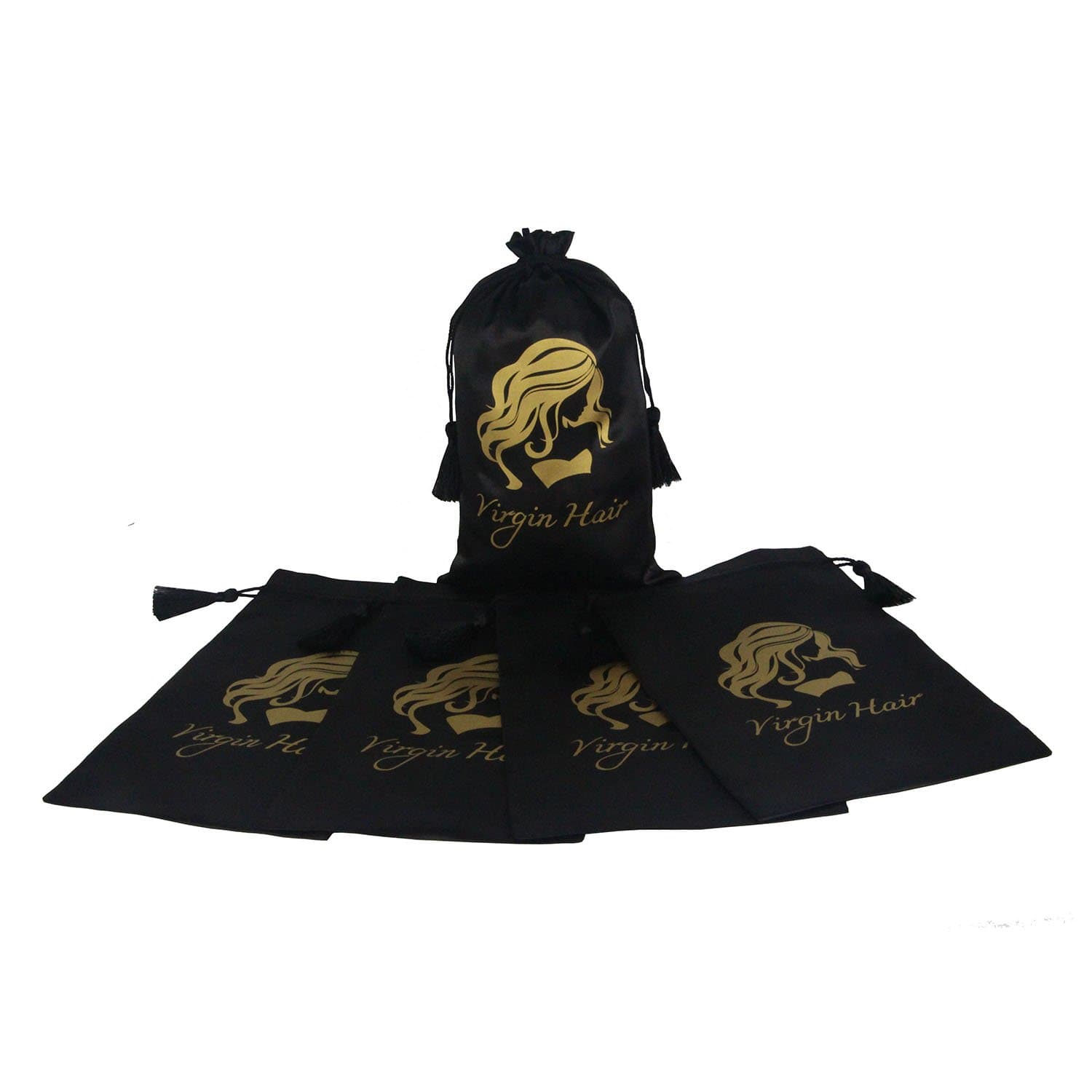 Jetdio Virgin Hair Packaging Bag with Drawstring, Hair Extension Bundles Satin Bag with Tassel, 5 Pack, Black