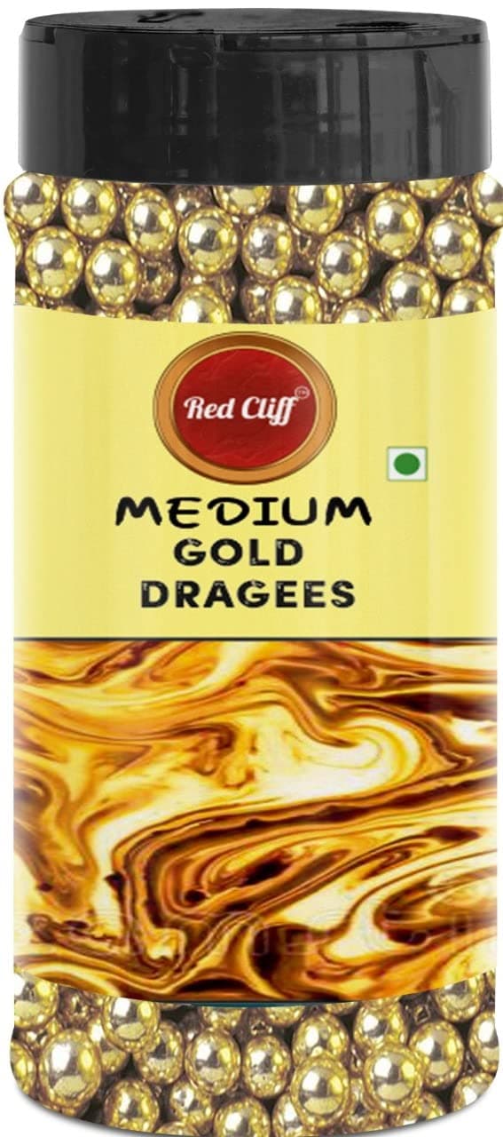 RED CLIFF Premium Gold Dragees | Medium(4mm) Sized Pearl Balls Ideal for Cake Decoration & Garnishing (Gold, Medium) | 100g |