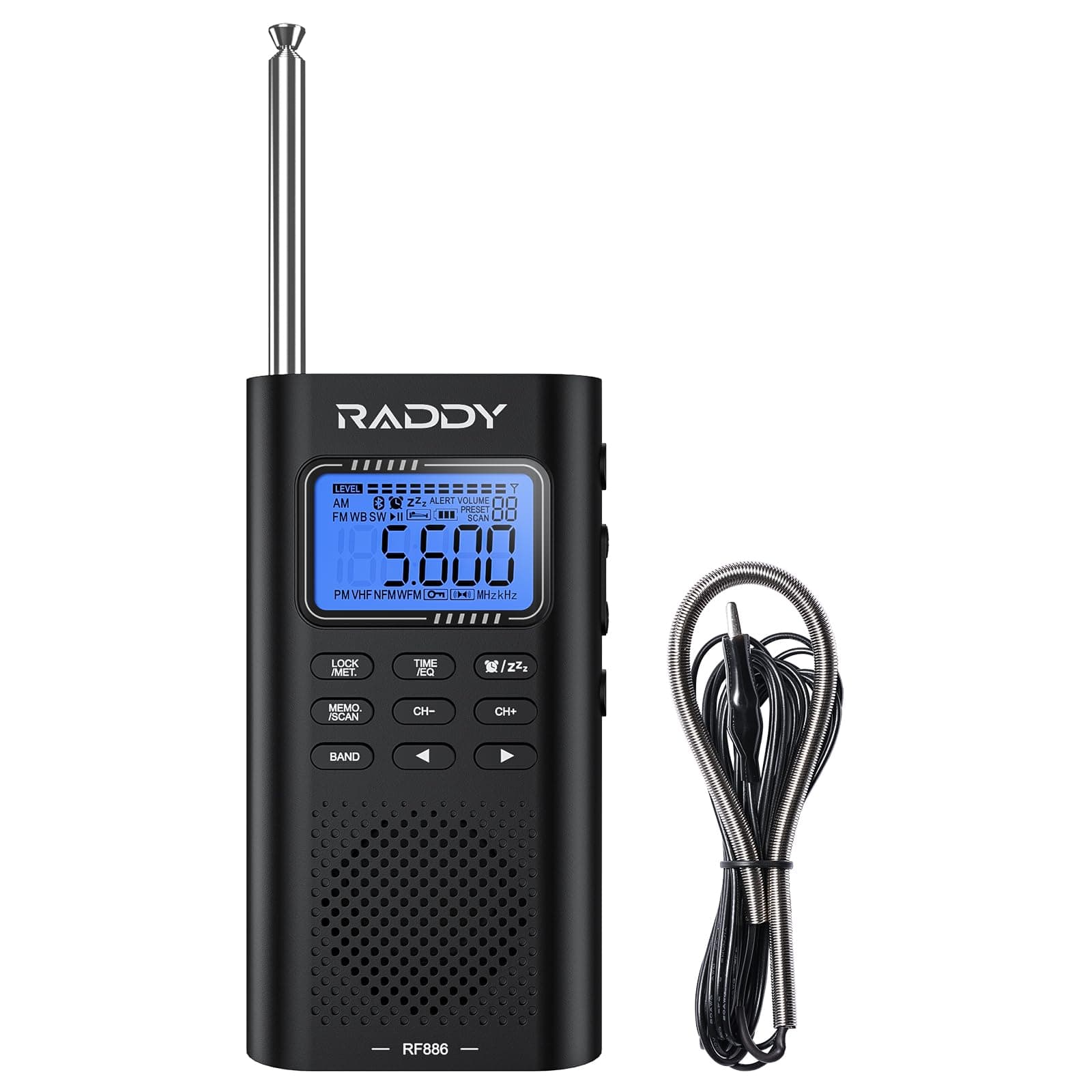 RF886 Portable Shortwave Radio AM/FM/SW/VHF/WB Digital Radio BT Connection with NOAA and Alert, Rechargeable Pocket w/ 9.85 Ft Wire Antenna