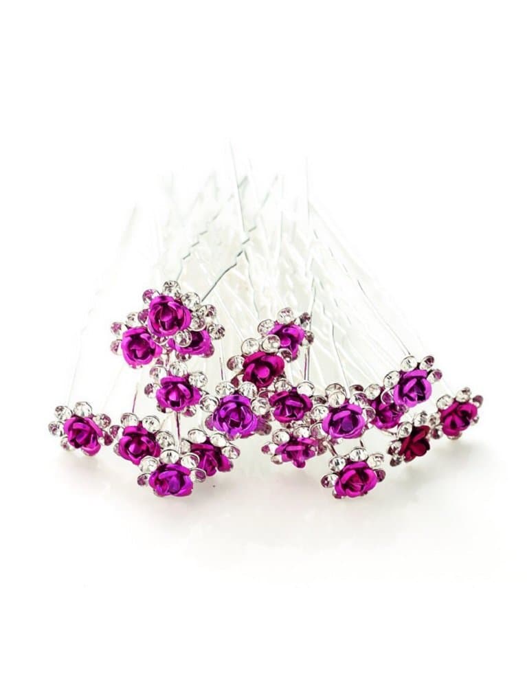 20 x Stunning Diamante Floral Rose Flower Hair Pins Bridal Wedding Flower Rhinestone Crystals U Shaped Pins Available In Many Colors (Hot Pink)