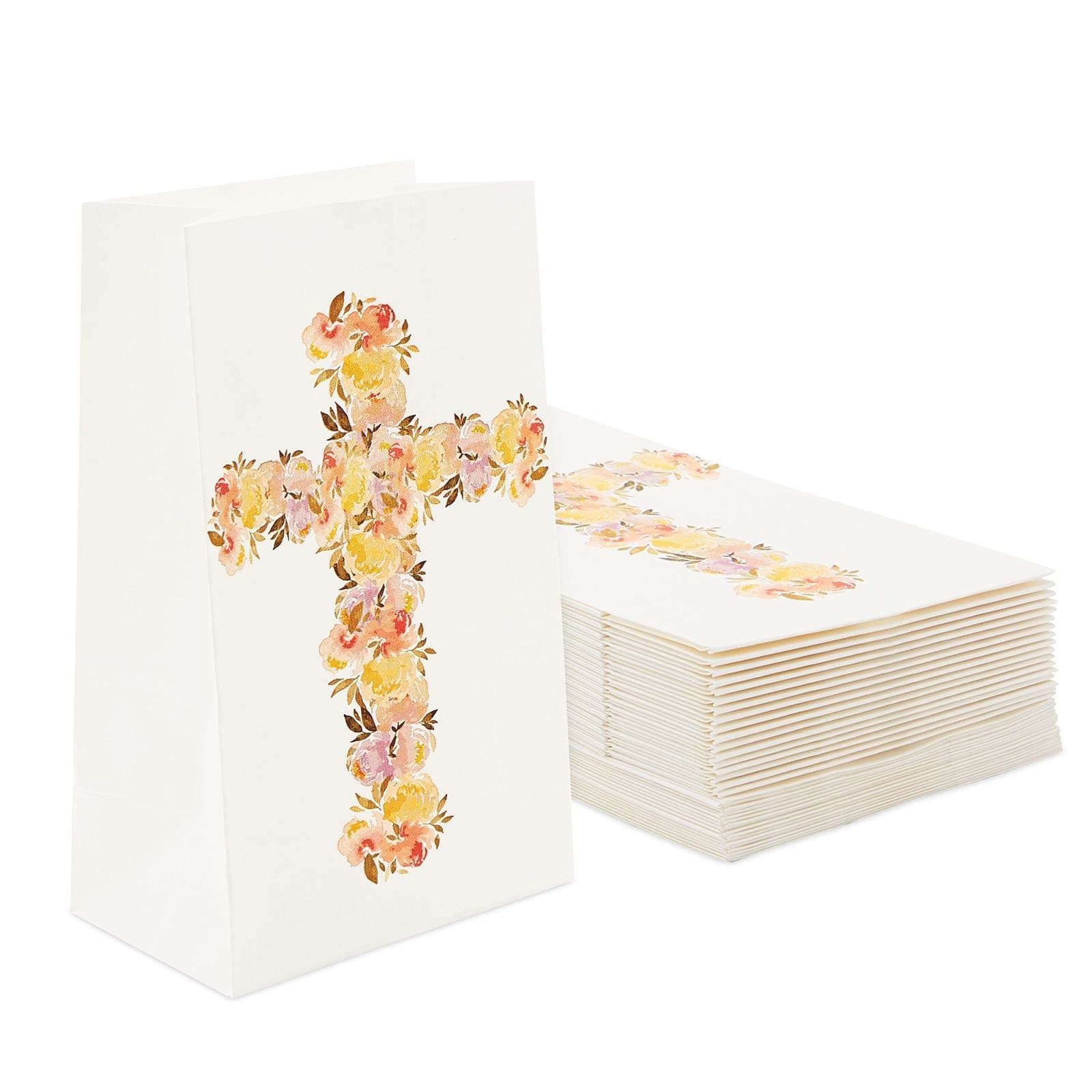 BLUE PANDABLUE PANDA 36-Pack Religious Party Favors Gift Bags for Baptism, First Communion, Easter and Children’s Birthday, Party Supplies Goodie Bag with Chic Floral Cross Design, 5.2x8.7x3.3 inches