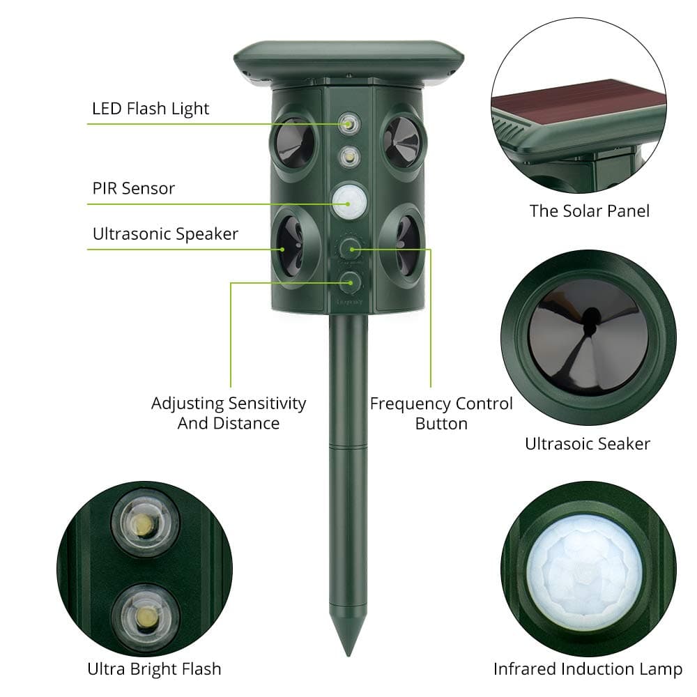 Cat Fox Repellent, Solar Powered &USB Charging Ultrasonic Outdoor Cat Scarer, PIR Activated Pet/Animal Repeller for Snake, Fox, Dog, Cat, Scarer Deterrent with 4 Loud Speakers & Flashing Light