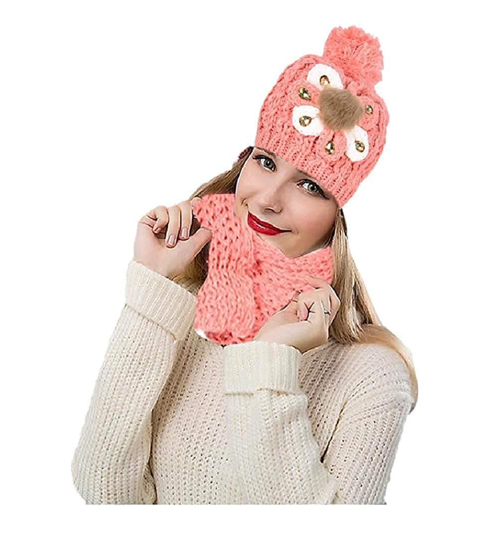 Fashion Sutra Women's Combo of Winter Woollen Flora Cap with Muffler (Pink, Free Size)