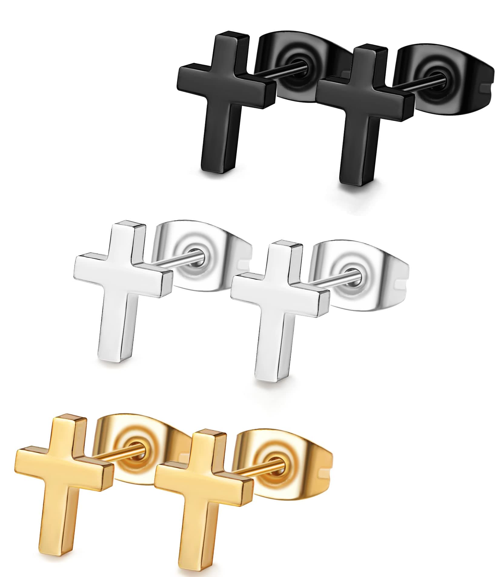 FUNRUN JEWELRYFUNRUN JEWELRY Cross Earrings for Women Men Hypoallergenic Stainless Steel Gold Black Cross Stud Earrings Set,3 Pairs