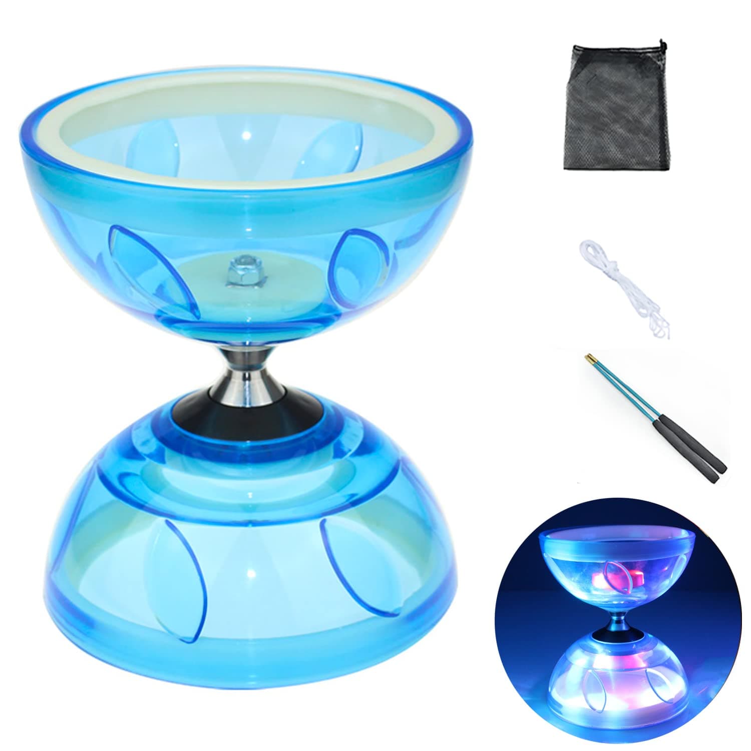 Chinese Diabolo Yoyo Set - Triple Bearing LED Diabolo Yo-yos Juggling Toys with Diablo Sticks, String & Net Bag, Easier Start/Faster/Stable & Lasts Longer (Blue)