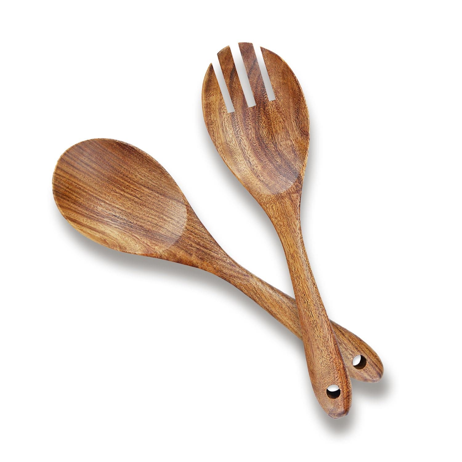 Salad Servers, Salad Tongs, AOOSY 10.2 inches Acacia Wood Serving Spoons Set Salad Mixing Dinner Fork and Spoon Long Handle Salad Server Set Kitchen Cooking Utensil Cutlery Set (2 Pieces)