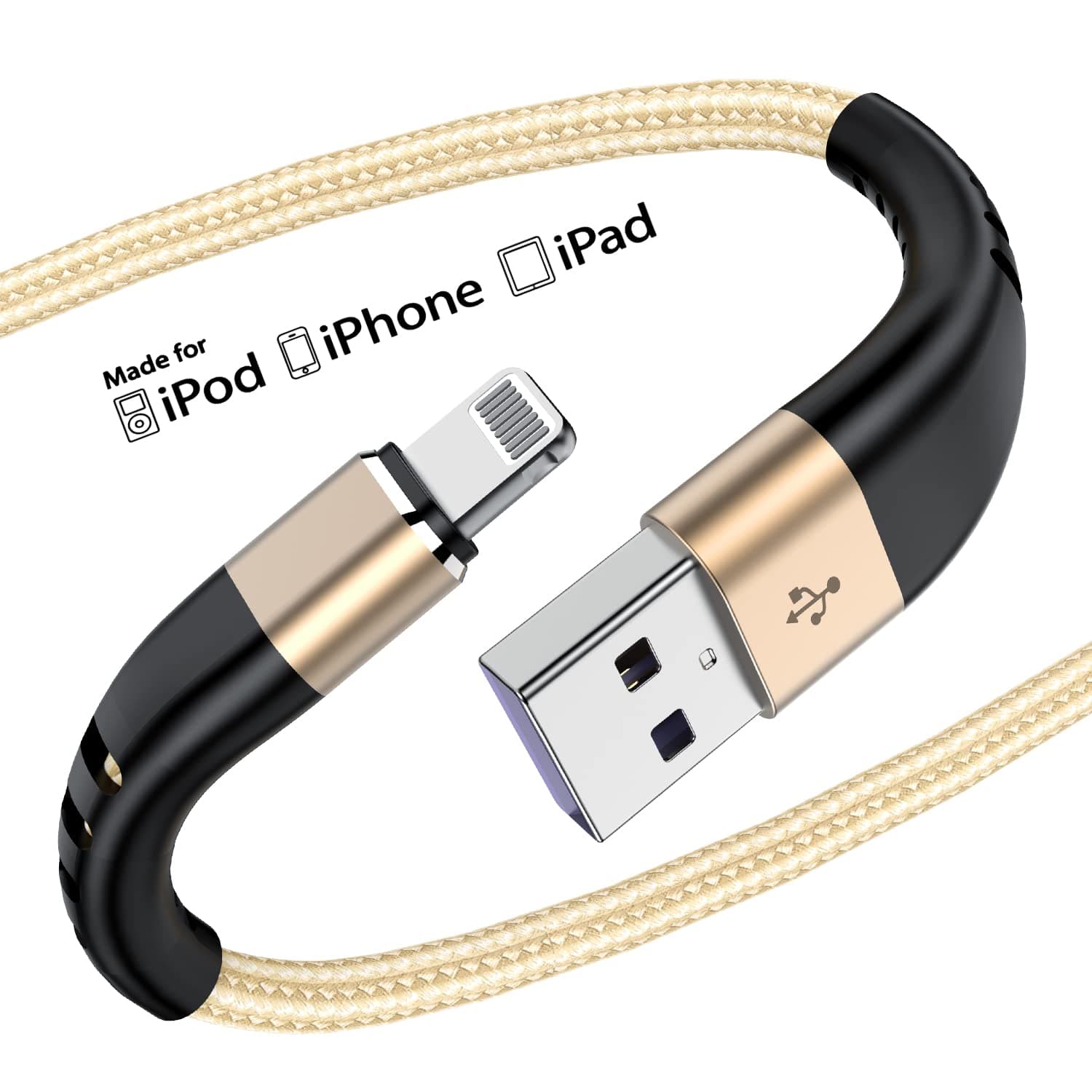 Apple MFi Certified 3 Pack iPhone Charger 6ft, Essri Long Lightning Cable Strong Nylon Braided Charging Cable 6 Foot, Fast iPhone USB Cord for Apple iPhone11/ X/XS/XR/8/7/6/5S/SE/iPad Mini Air（Gold）