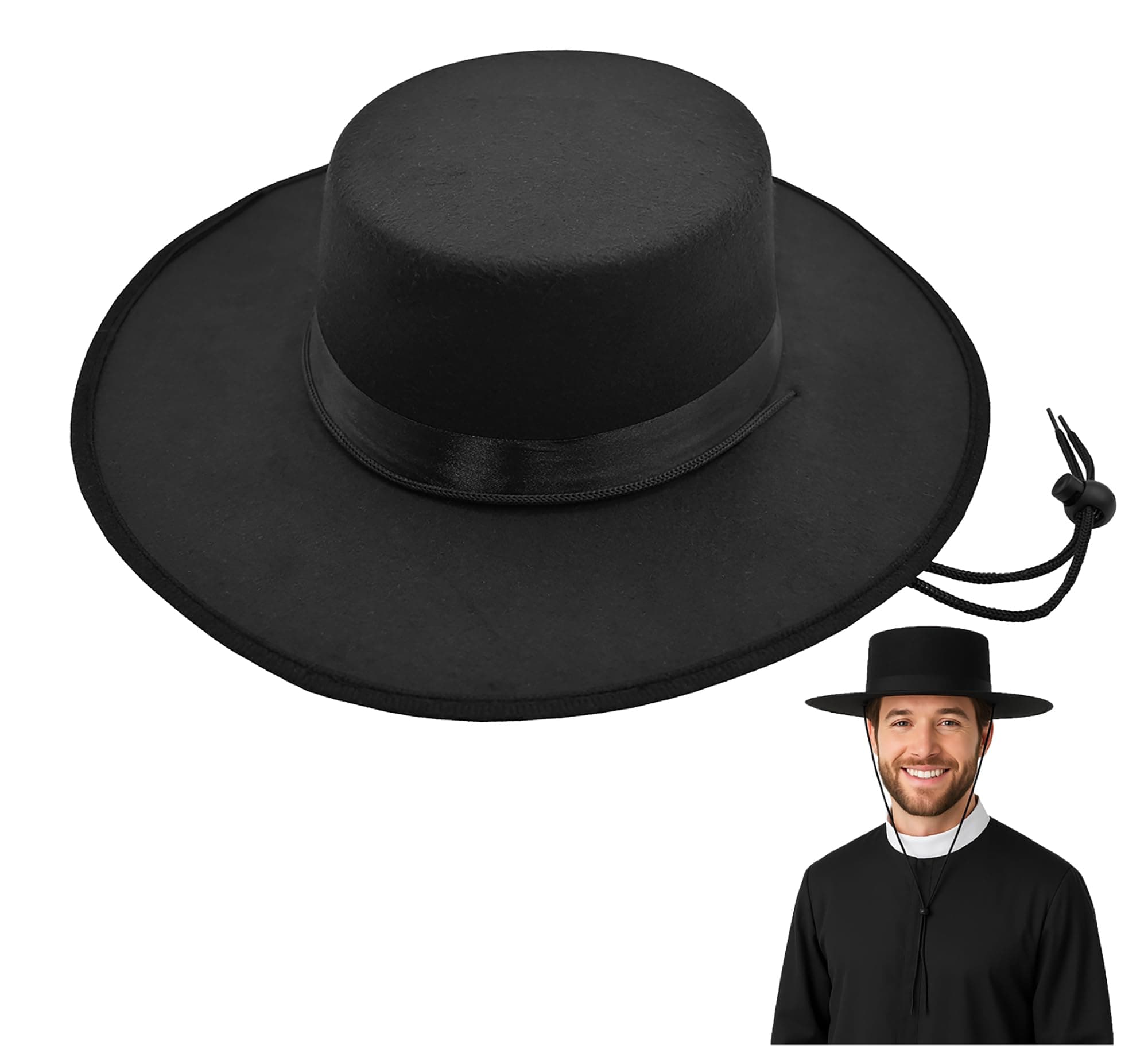 Black Wide Brim Felt Flat Top Hats Padre Amish Cowboy Plague Matador Western Medieval Costume