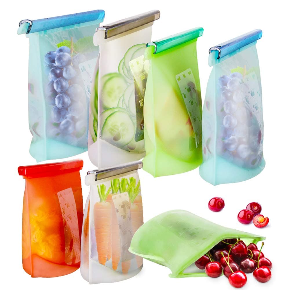 Reusable Silicone Food Storage Bags, 7 Pack Airtight Seal Food Silicone Bag Container for Liquid,Meat,Sandwich,Fruit, Reusable Food Preservation Bag, 2xLarge+2xMedium+3xSmall, Dishwasher Safe