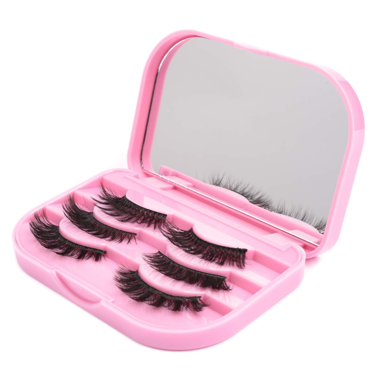 Allwon False Eyelash Case Three Tier Empty Eyelashes Box with Makeup Mirror Eyelash Packing Travel Storage Case (Pink)