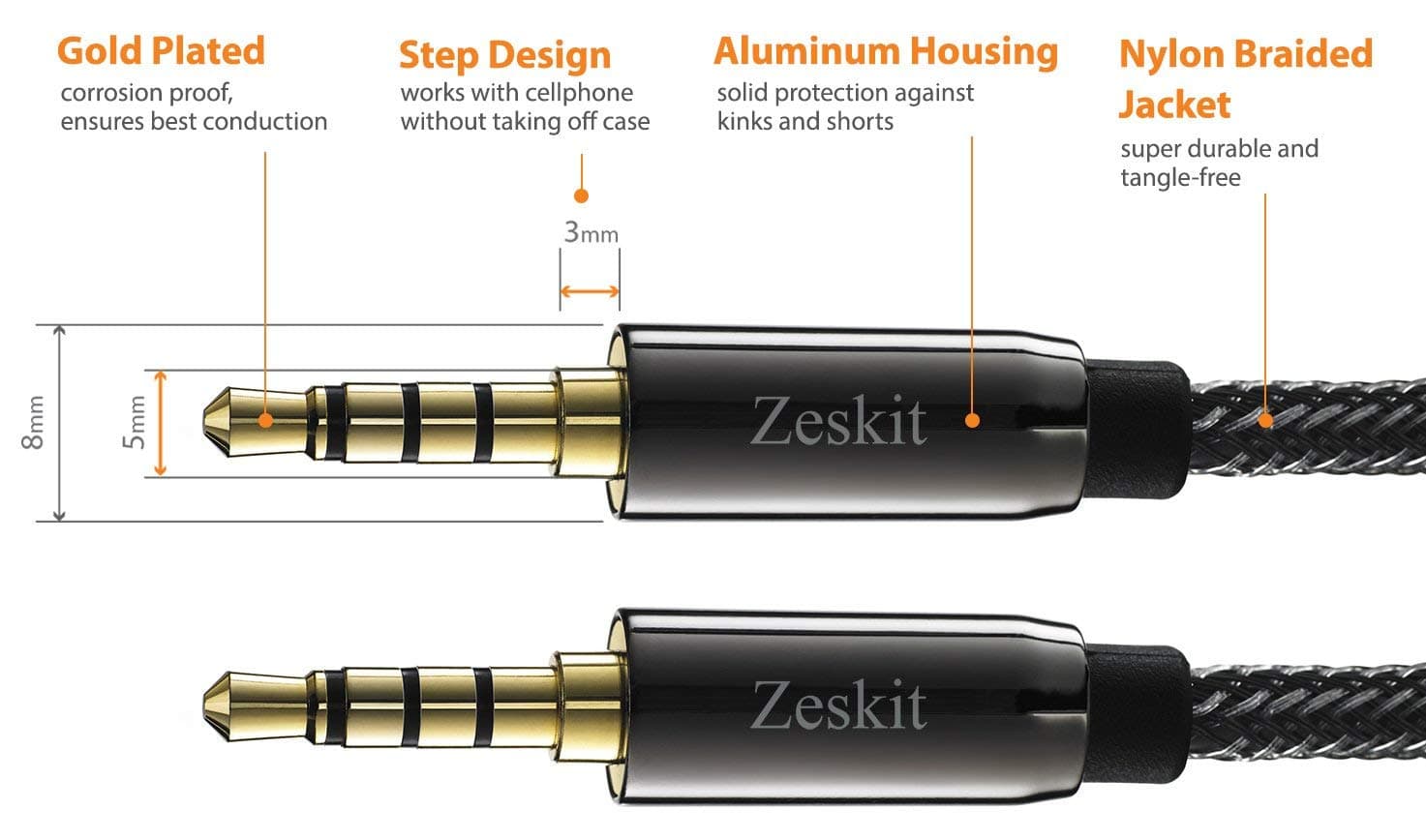 Zeskit 4ft Premium Audio Cable - 3.5mm Stereo Jack, Braided Nylon (Male to Male)