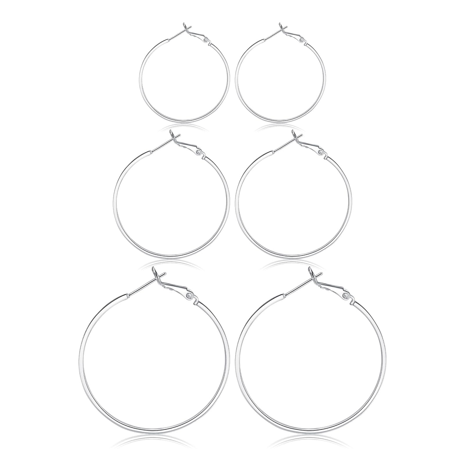 3 Pairs Sterling Silver Hoop Earrings - White Gold Plated Hoop Earrings Large Hoop clip-on Earrings Set Hypoallergenic Fashion Jewelry Gifts for Women 20/30/40mm（2 colors）