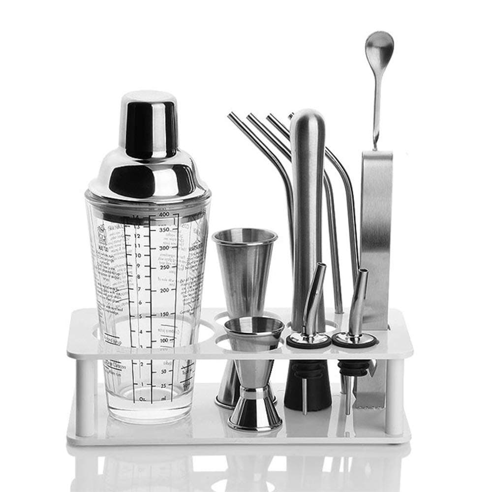 FEI JI Stainless Steel Cocktail Shaker Bar Set Tools with Spoon Liquor Pourers, Straws, Ice Tongs Professional Bar Accessories (12 Piece Set)