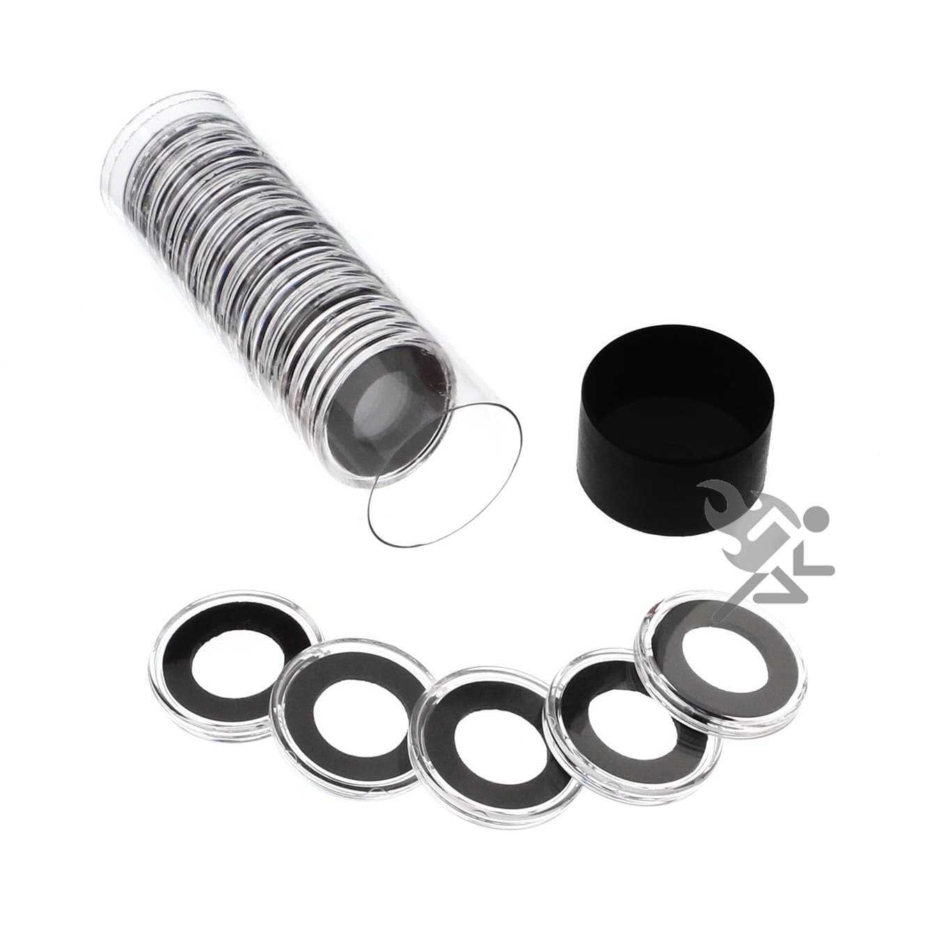 OnFireGuy Black Lid Capsule Tube & 20 Air-Tite 16mm Black Ring Coin Holders for 1/10oz Gold Eagle