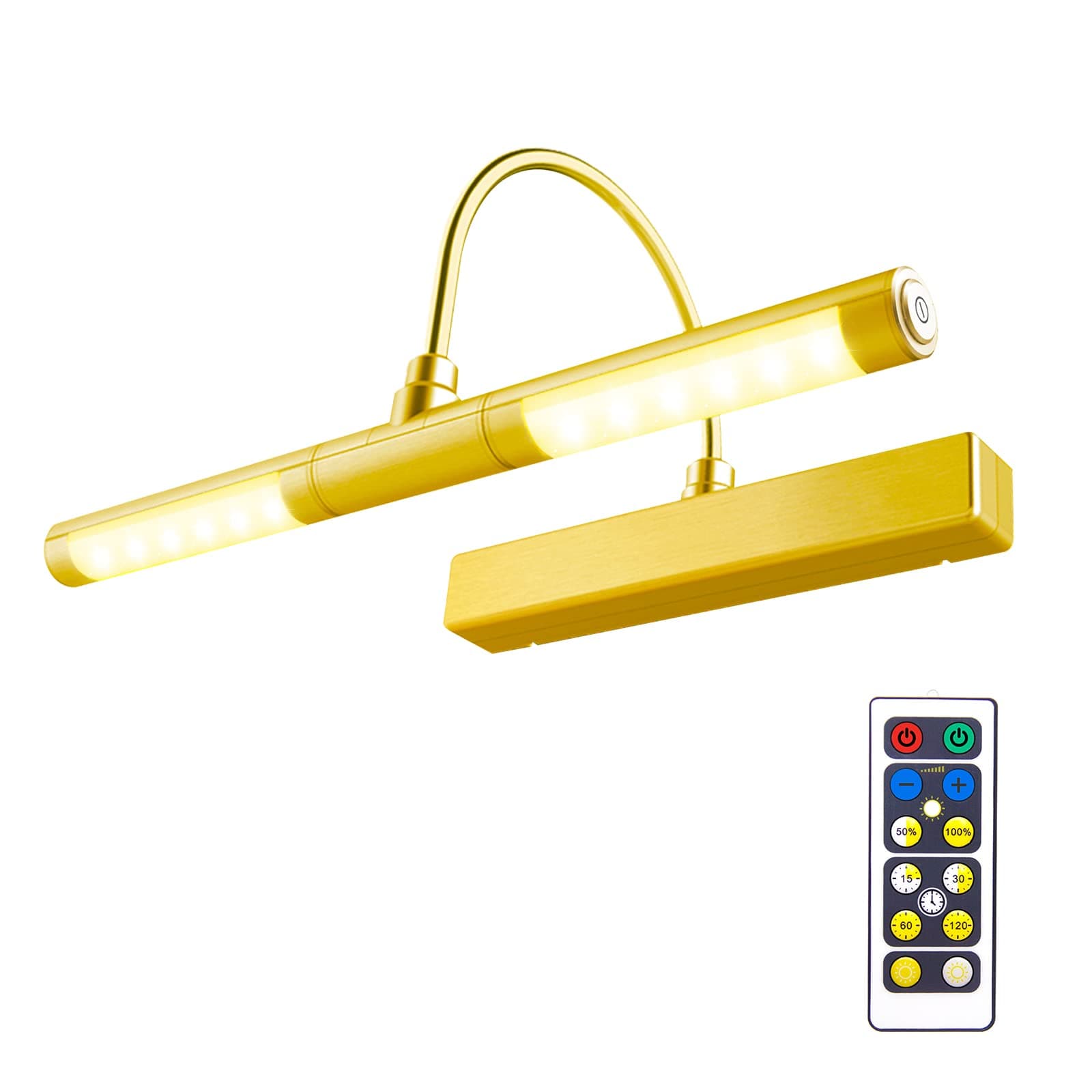 BIGLIGHT Wireless Battery Powered Bright LED Picture Light with Remote Control, 13 Inch Swivel Light Head with 3 Lighting Modes, Dimmable Lamp for Painting/Photo/Portrait/Art/Picture Frame, Gold