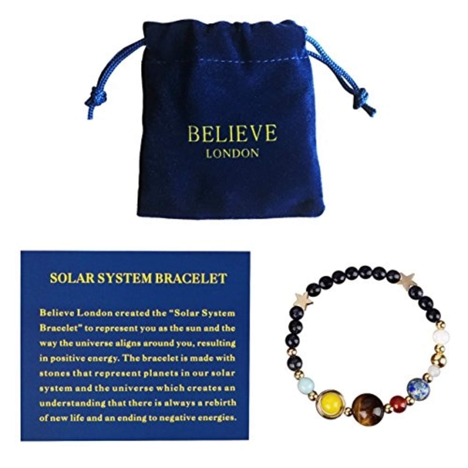 Believe London Solar System Bracelet With Jewelry Bag & Meaning Card | Adjustable Bracelet To Fit Any Wrist | 9 Planets Galaxy Universe Guardian