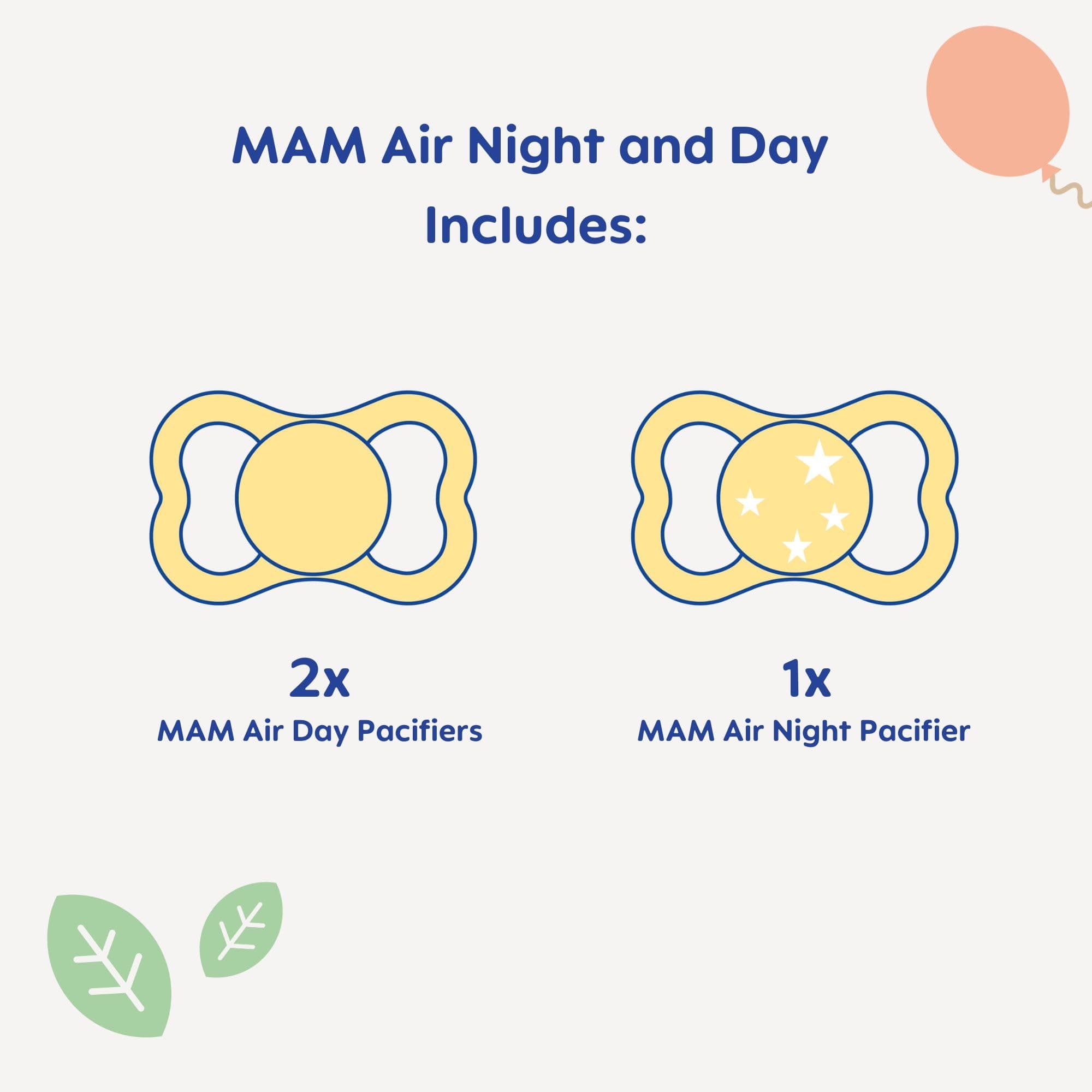MAM Air Night & Day Baby Pacifier, for Sensitive Skin, Glows in The Dark, 6-16 Months, Girl, 3 Count (Pack of 1)