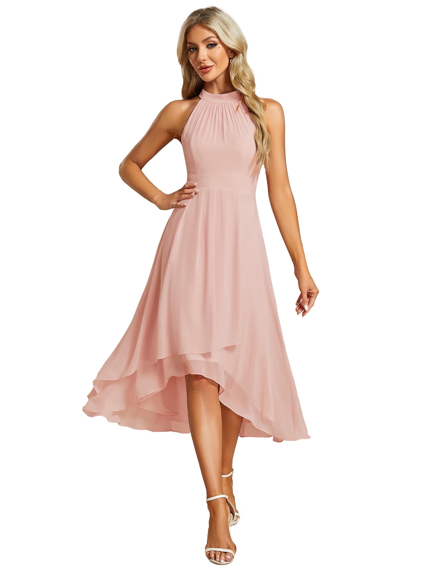 Ever-PrettyWomen's Sexy Halter Neck Pletaed Sleeveless Hi-Lo Chiffon Wedding Guest Dress 31926