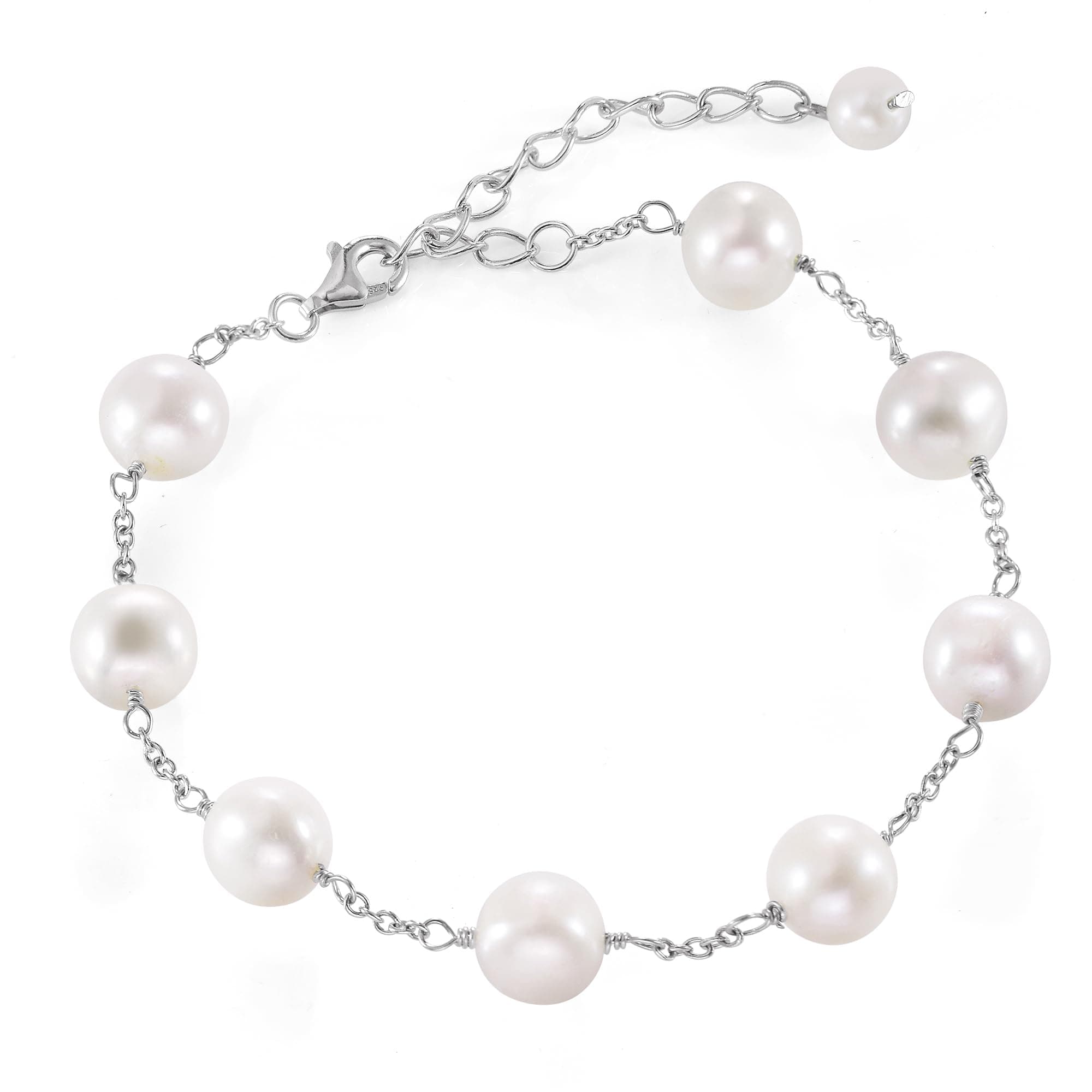 Pearl Bracelets for Women 925 Sterling Silver Rhodium Plated with 8-9mm White Cultured Freshwater Pearl Bracelet 7.5inches Adjustable
