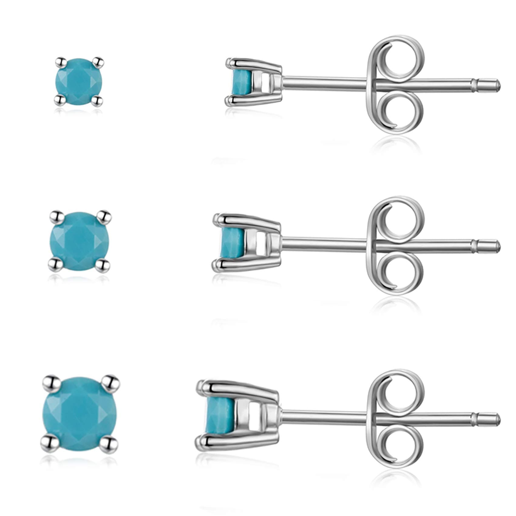 Sterling Silver Stud Earrings for Men Women- Hypoallergenic Tiny Turquoise Stud Earring Set 2mm 3mm 4mm White Gold Plated Round Prong-Set Birthstone Small Earrings
