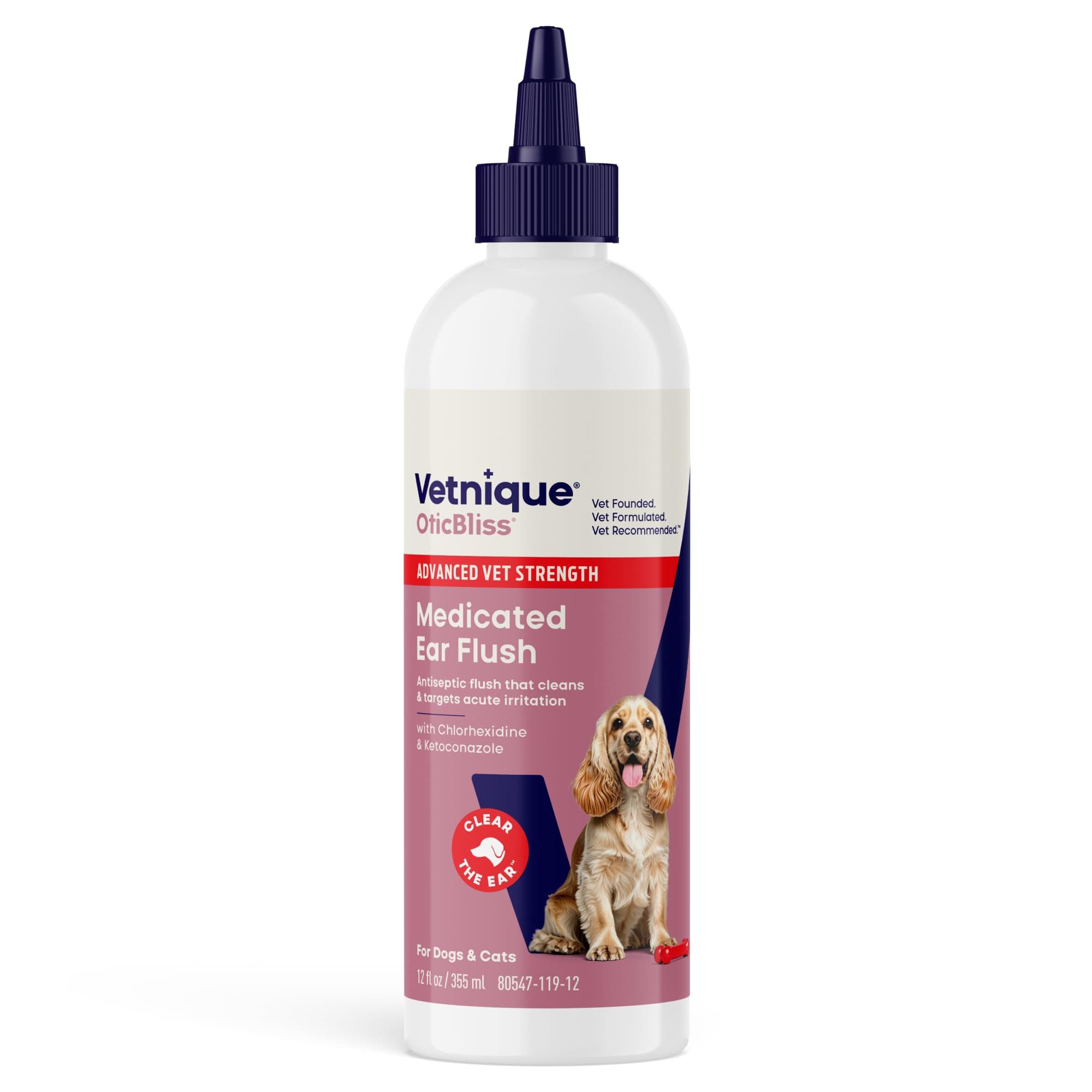 Vetnique Oticbliss Advanced Strength Dog Ear Infection Treatment Flush, Antiseptic Cat & Dog Ear Cleaner Solution Medicated with Chlorhexidine & Ketoconazole Helps with Ear Yeast (12oz Flush)