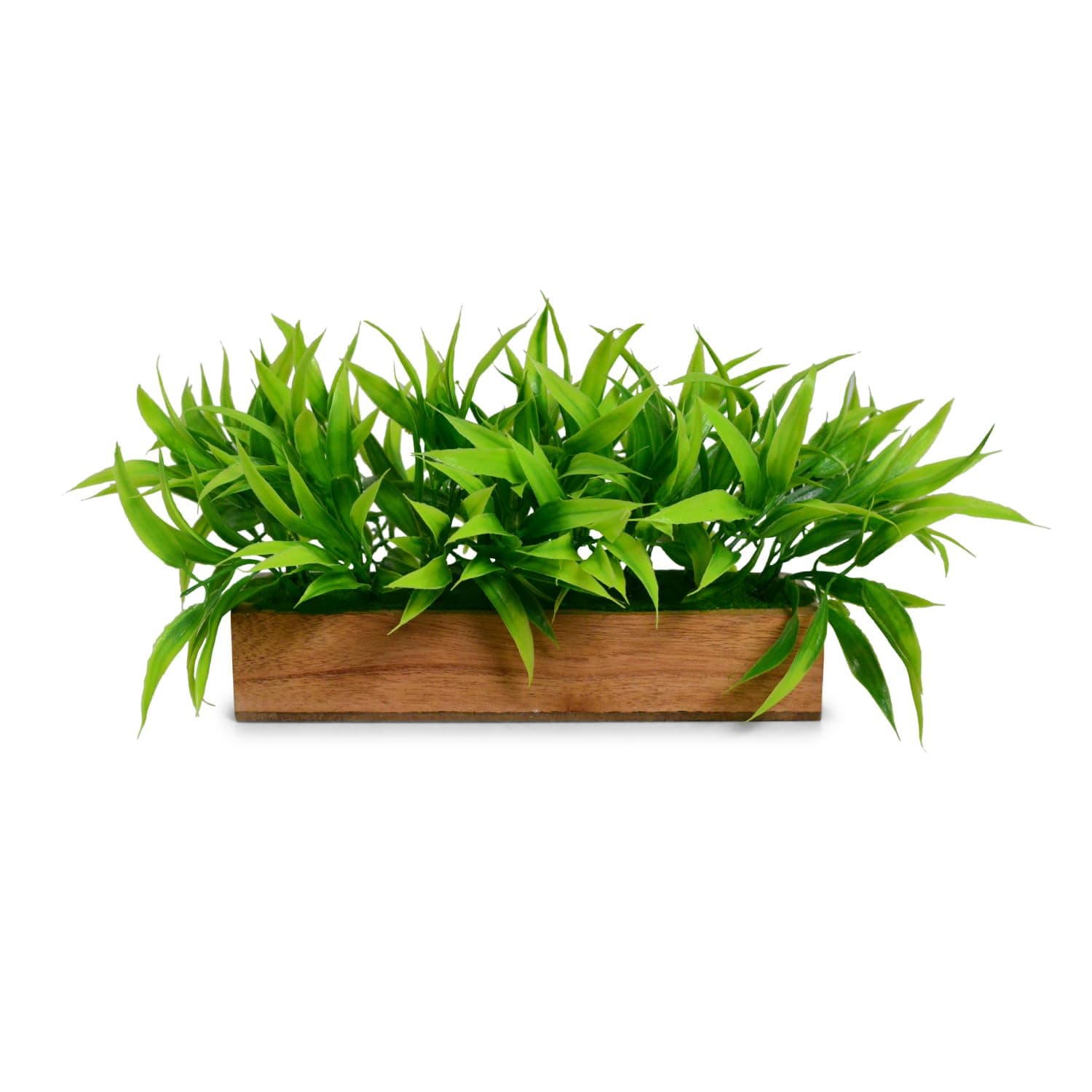 Artificial Plant Bamboo Leaves in Wooden Rectangular Tray, Faux Desk Plant in Pot for Indoor Home Office Any Room Decor, Width 20cm x Height 12cm