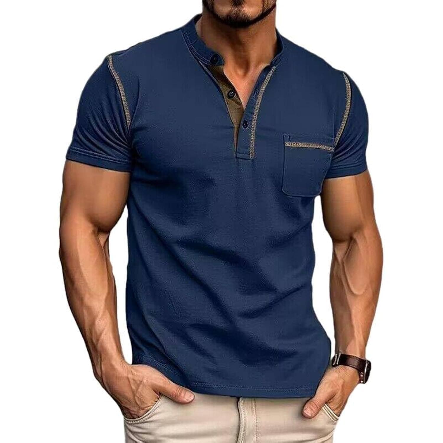 Men's Henley Shirts Long/Short Sleeve Casual Button Cotton T-Shirt with Pocket Henley Collar with Front Placket Button