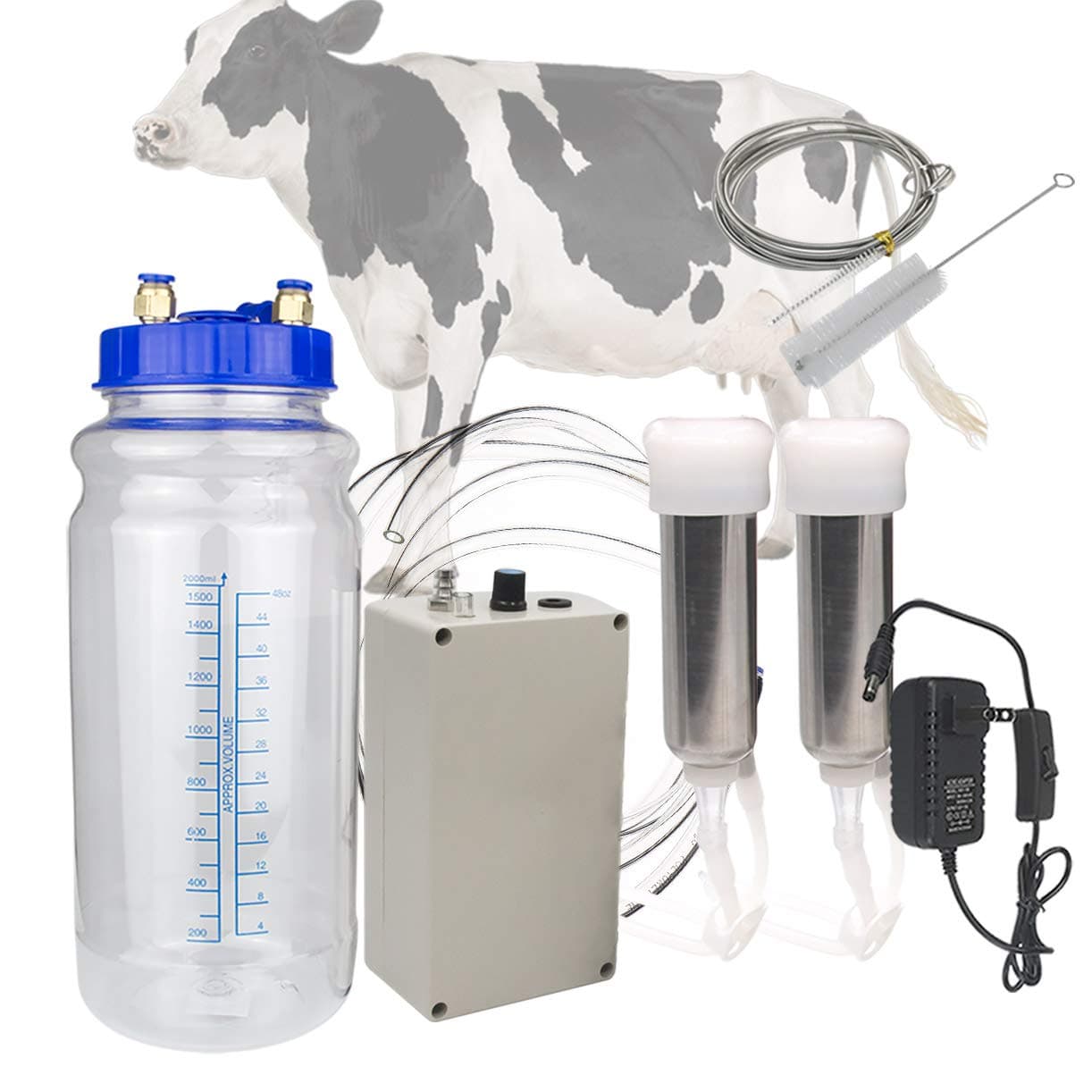 Milking Machine for Cow, Portable Electric Cow Milker Milking Machine with 2 Teat Cups, Adjustable Vacuum Pump, 2L Milk Container, Food Grade Hose (for Cow)