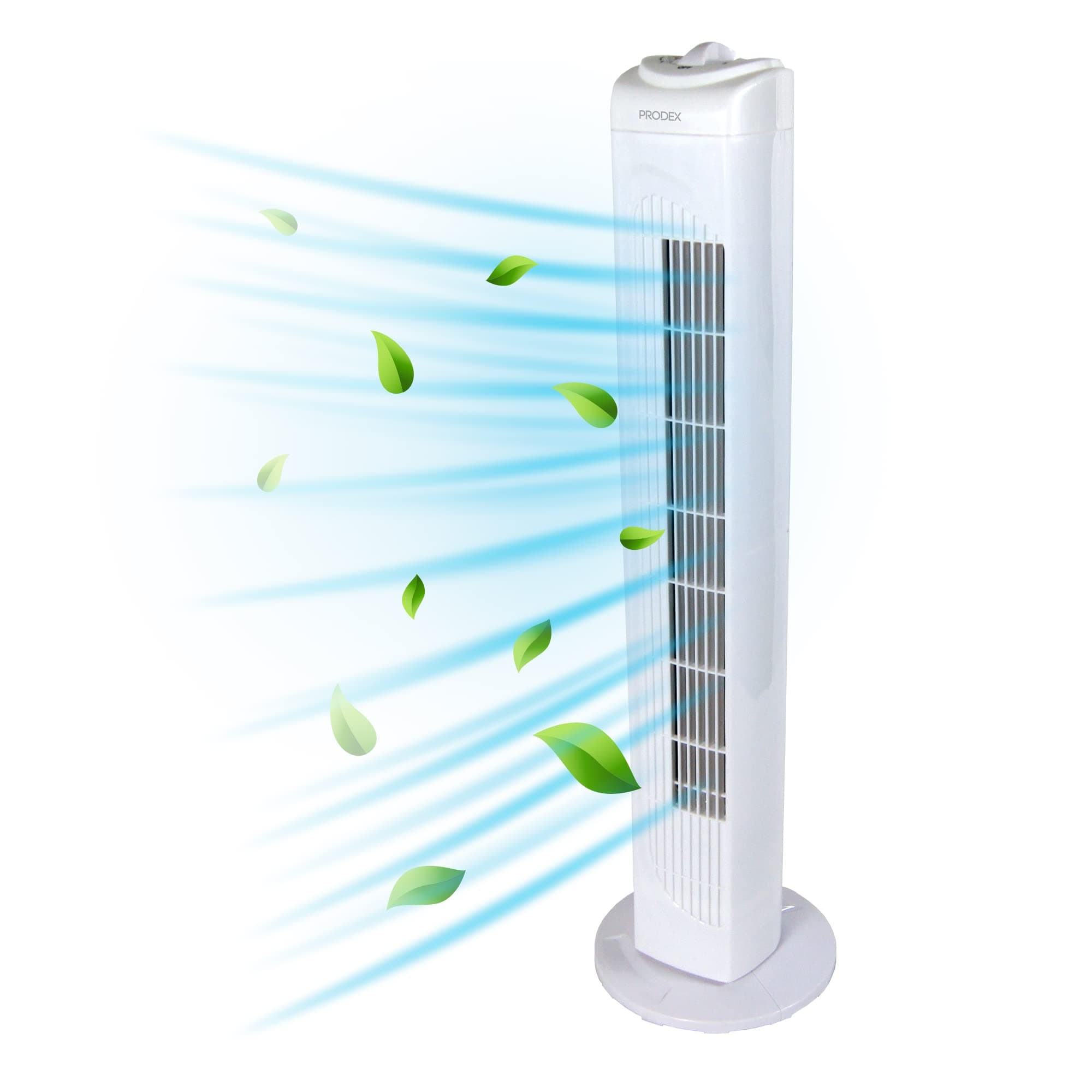 Prodex PX5229W Oscillating Tower Fan, 29 Inch, 3 Speed Settings, Bladeless Design, White