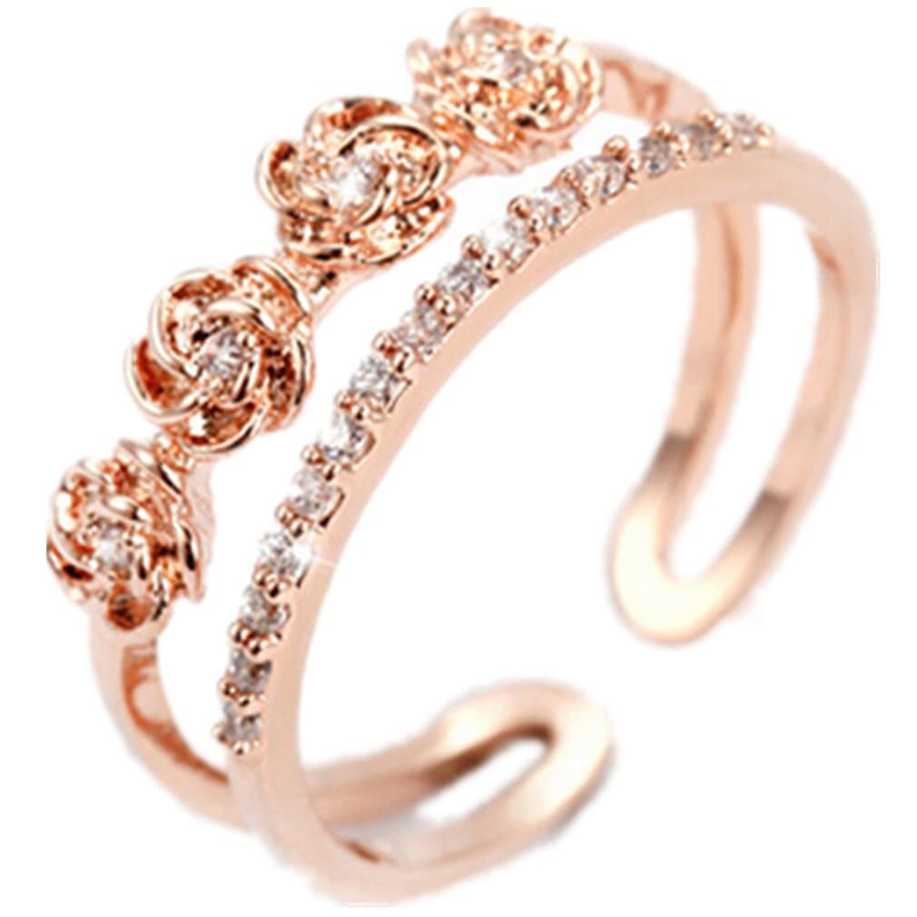 Shawa Jewelry Double Rose Shaped Ring with Diamond 925 Sterling Siliver Open Band for Women Adjustable Size (rose gold)