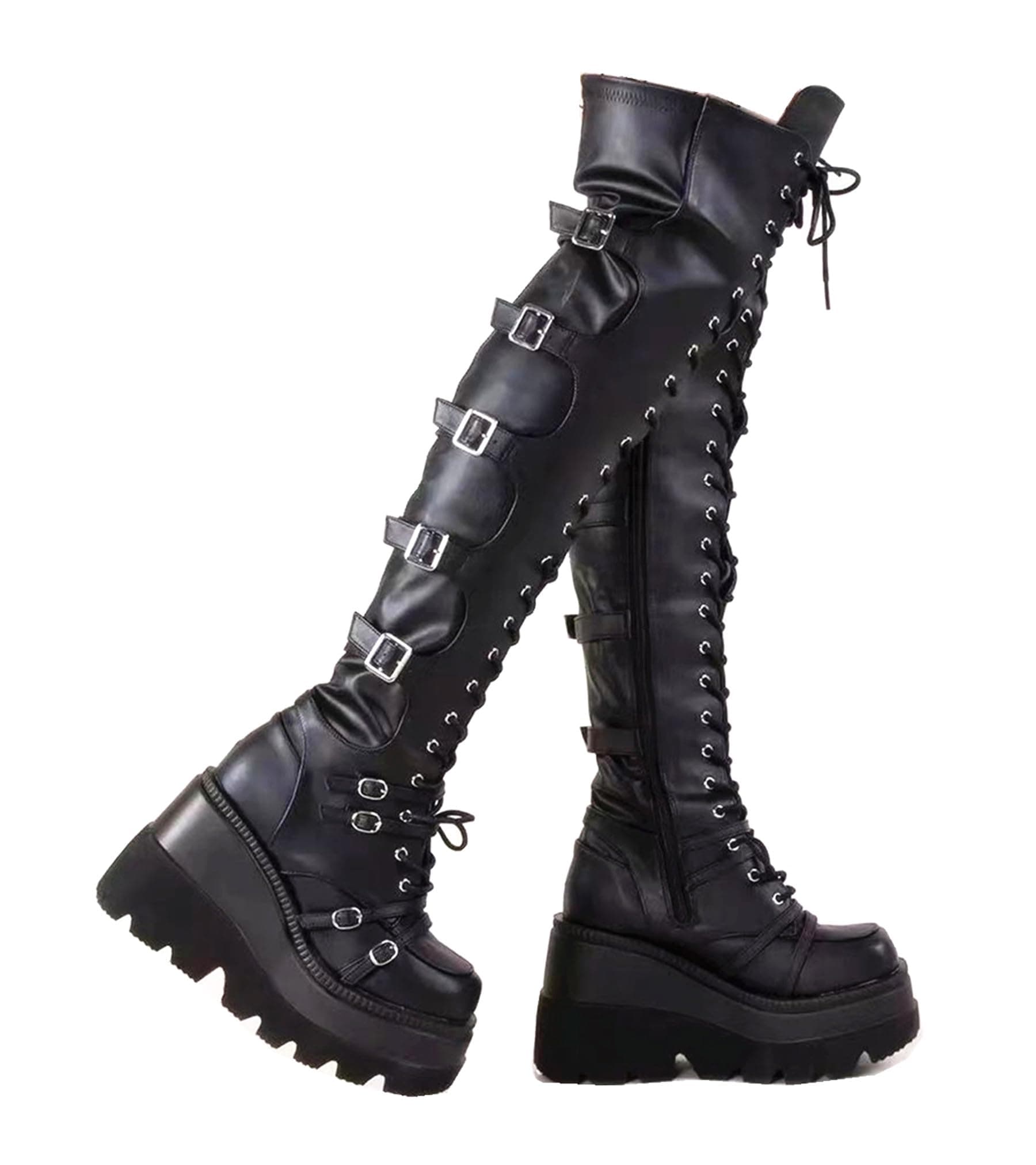 Black Platform Boots Over Knee Thigh High Goth Boots for Women Chunky Heel Rave Motorcycle Boots with Buckles Side Zip Lace Boots Size5.5-10