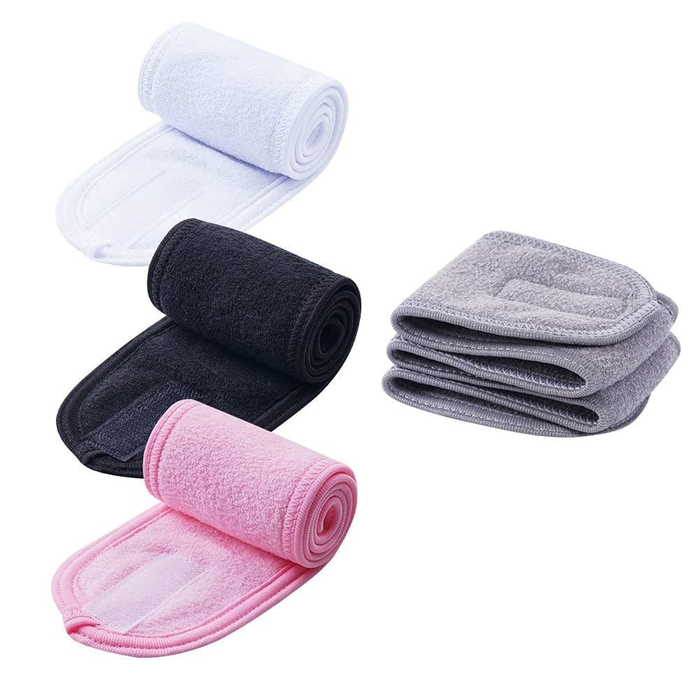 4 PCS Facial Spa Headbands(White, Black, Pink?Gray)? Makeup Shower Bath Wrap Sport Headband Terry Cloth Stretch Towel with Magic Tape