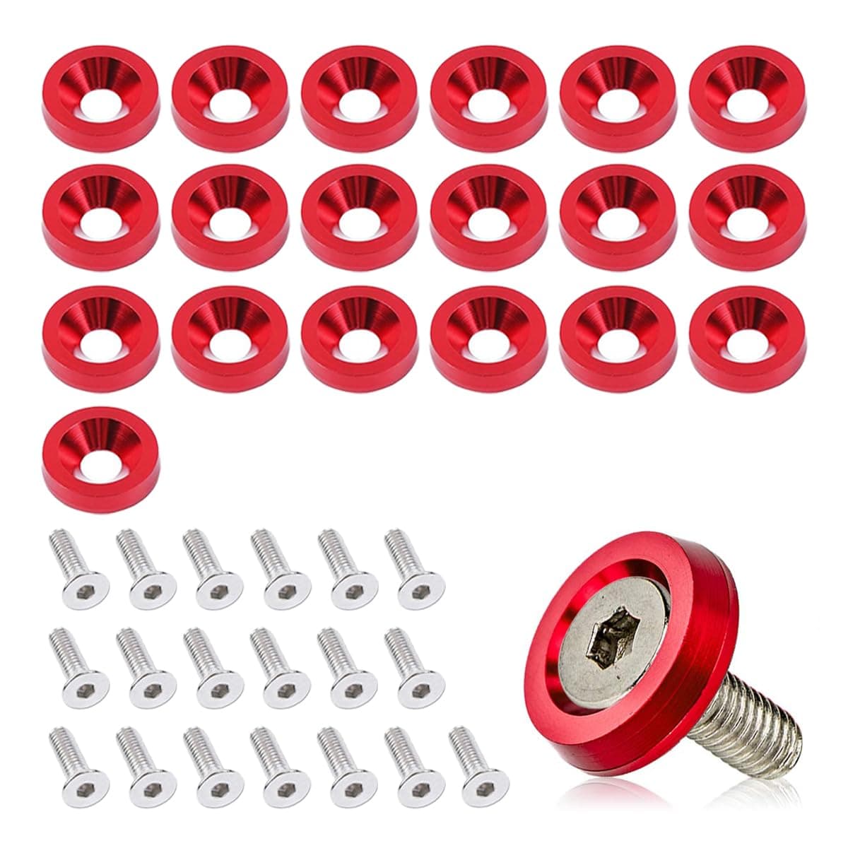 smilfuy 20PCS Aluminum Bumper Fender Washer Stainless Steel Bolts, Engine Bay Dress Up Fastener Kit, M6 JDM Fender Washer, Car Body Decoration Kit for Headlights Trunk License Plate Frame (Red)